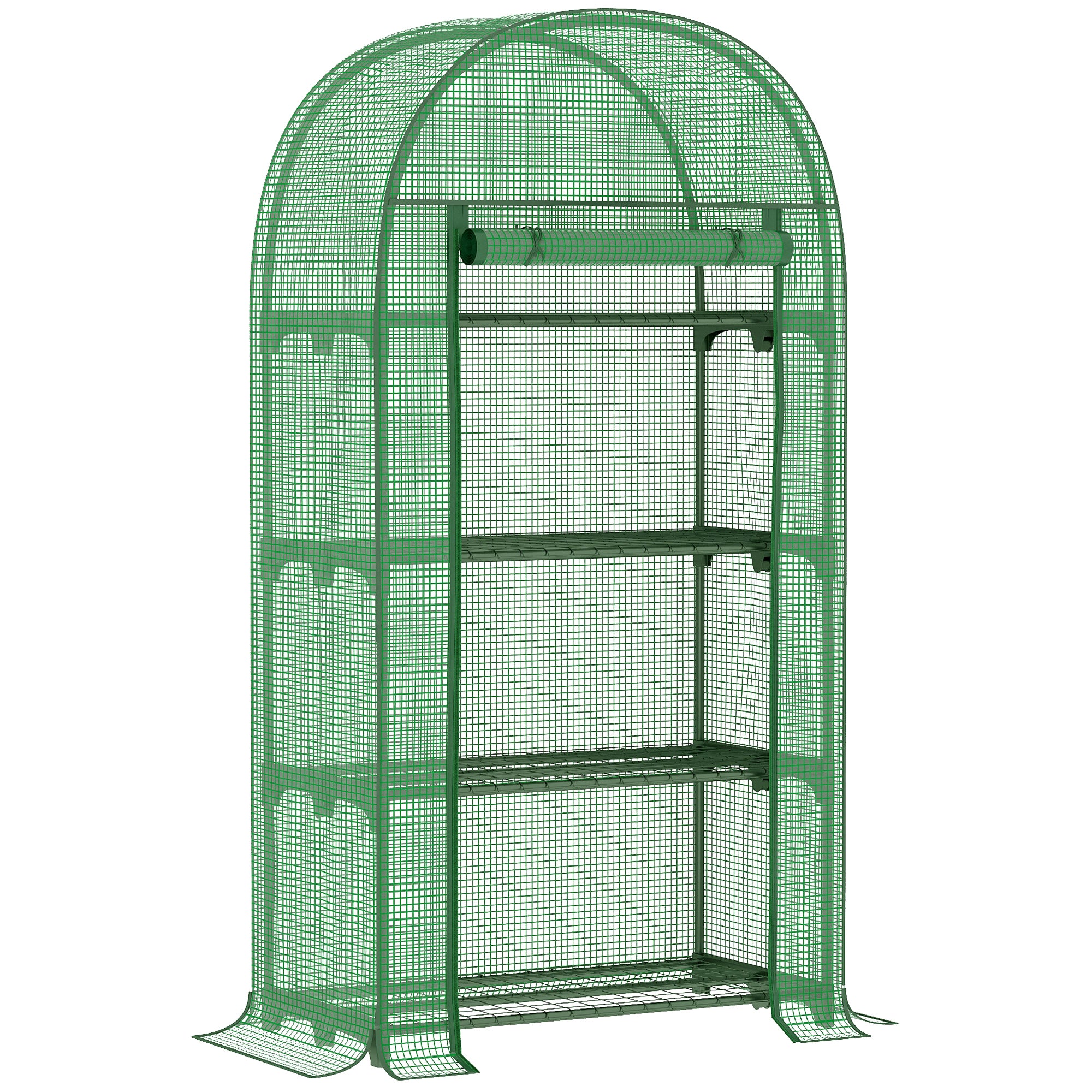 Outsunny 80 x 49 x 160cm Mini Greenhouse for Outdoor, Portable Gardening Plant Green House with Storage Shelf, Roll-Up Zippered Door, Metal Frame and PE Cover, Green - North Peak Garden Furniture