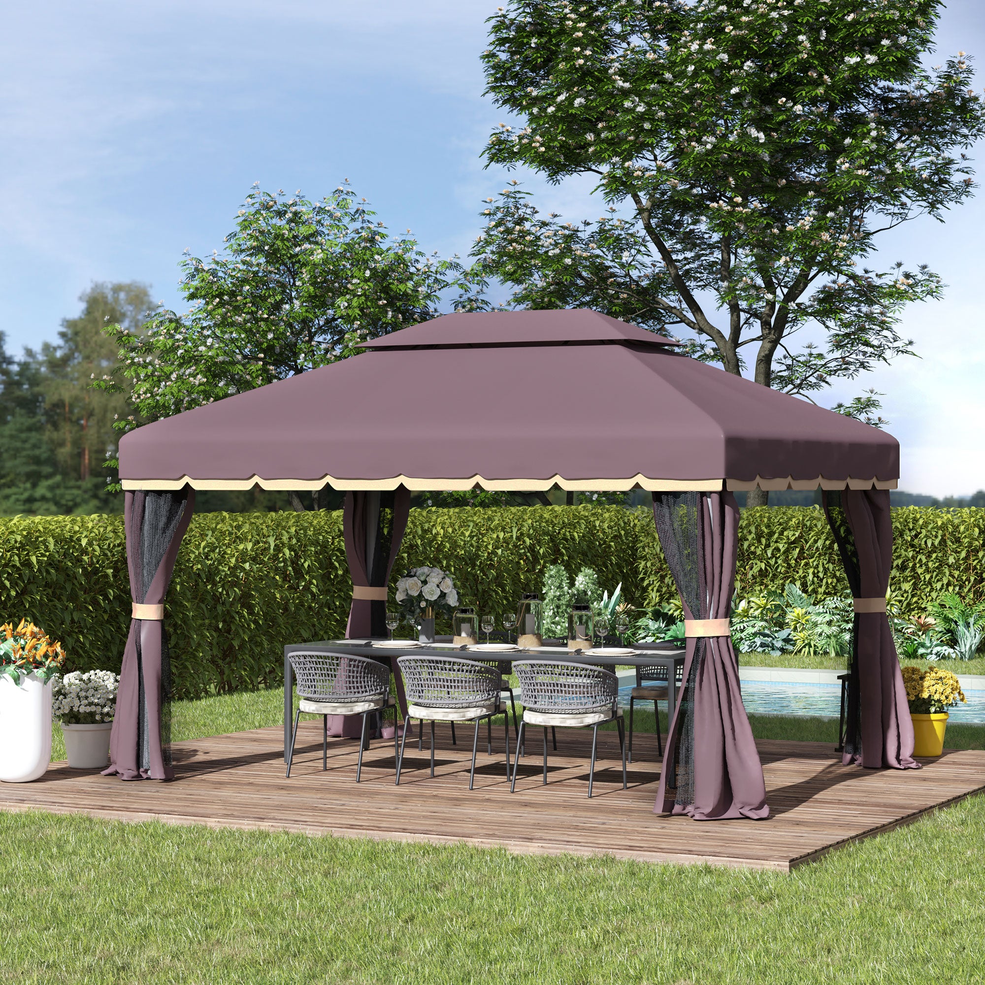Outsunny 3 x 4m Aluminium Garden Gazebo, Marquee Canopy Shelter Pavilion Party Tent with Nets and Curtains for Garden, Lawn, Backyard and Deck, Coffee - North Peak Garden Furniture