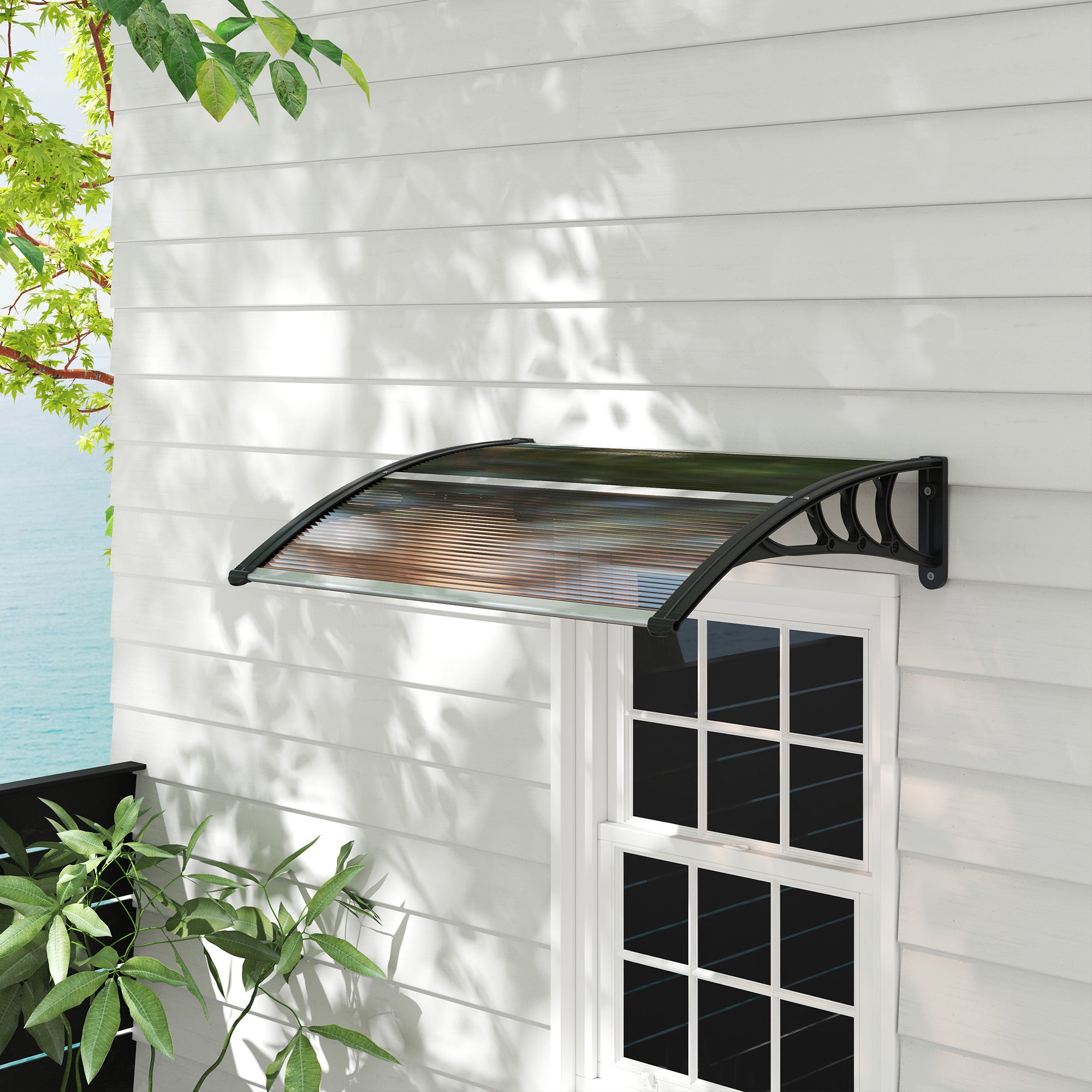 Outsunny Curved Window Door Canopy Aluminium Rigid Plastic Polycarbonate Fixed Outdoor Awning Modern Design UV Water Rain Resist 100 x 75cm Brown - North Peak Garden Furniture