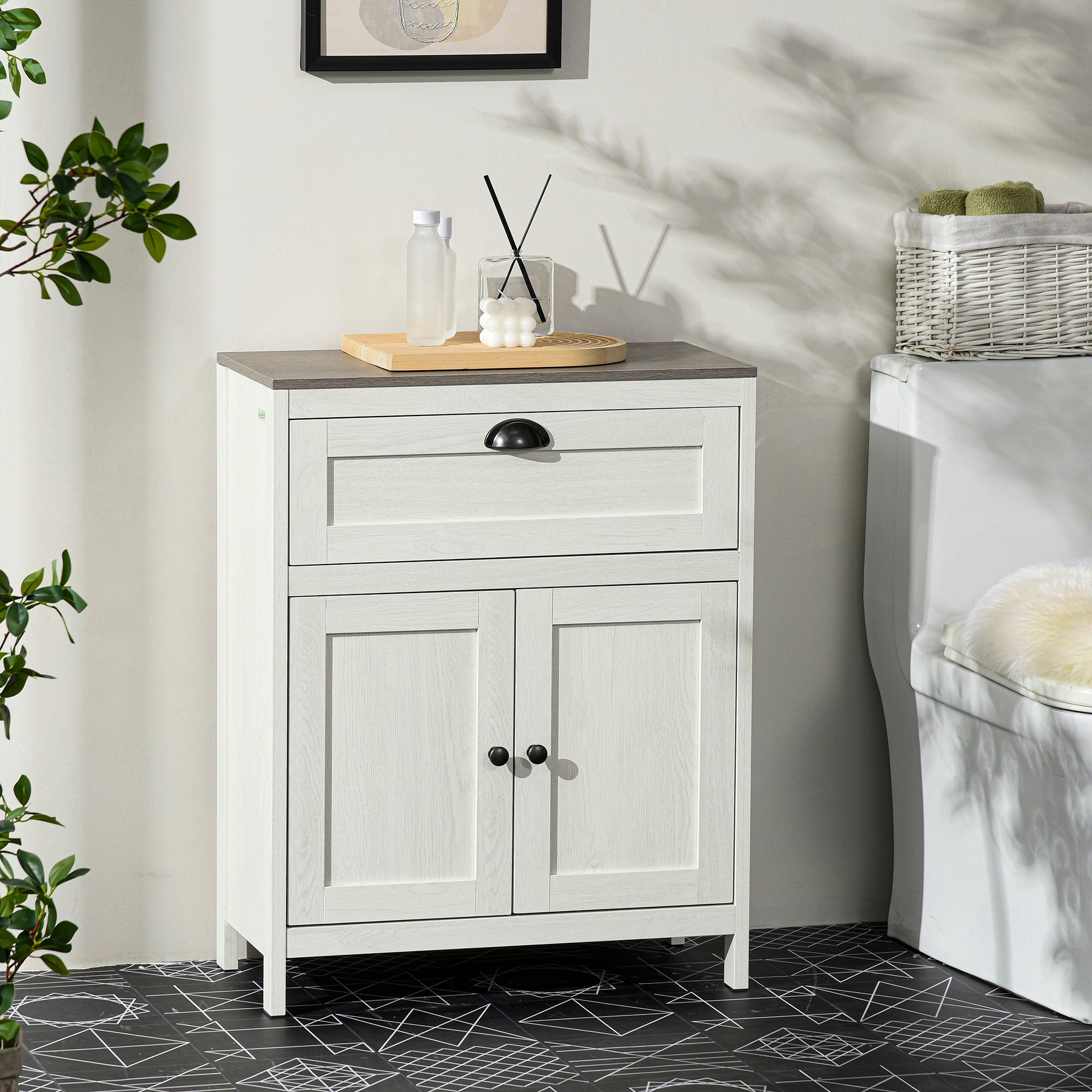 kleankin Bathroom Floor Cabinet, Freestanding Storage Cupboard with Drawer, Double Door Cabinet and Adjustable Shelf, White - North Peak Garden Furniture