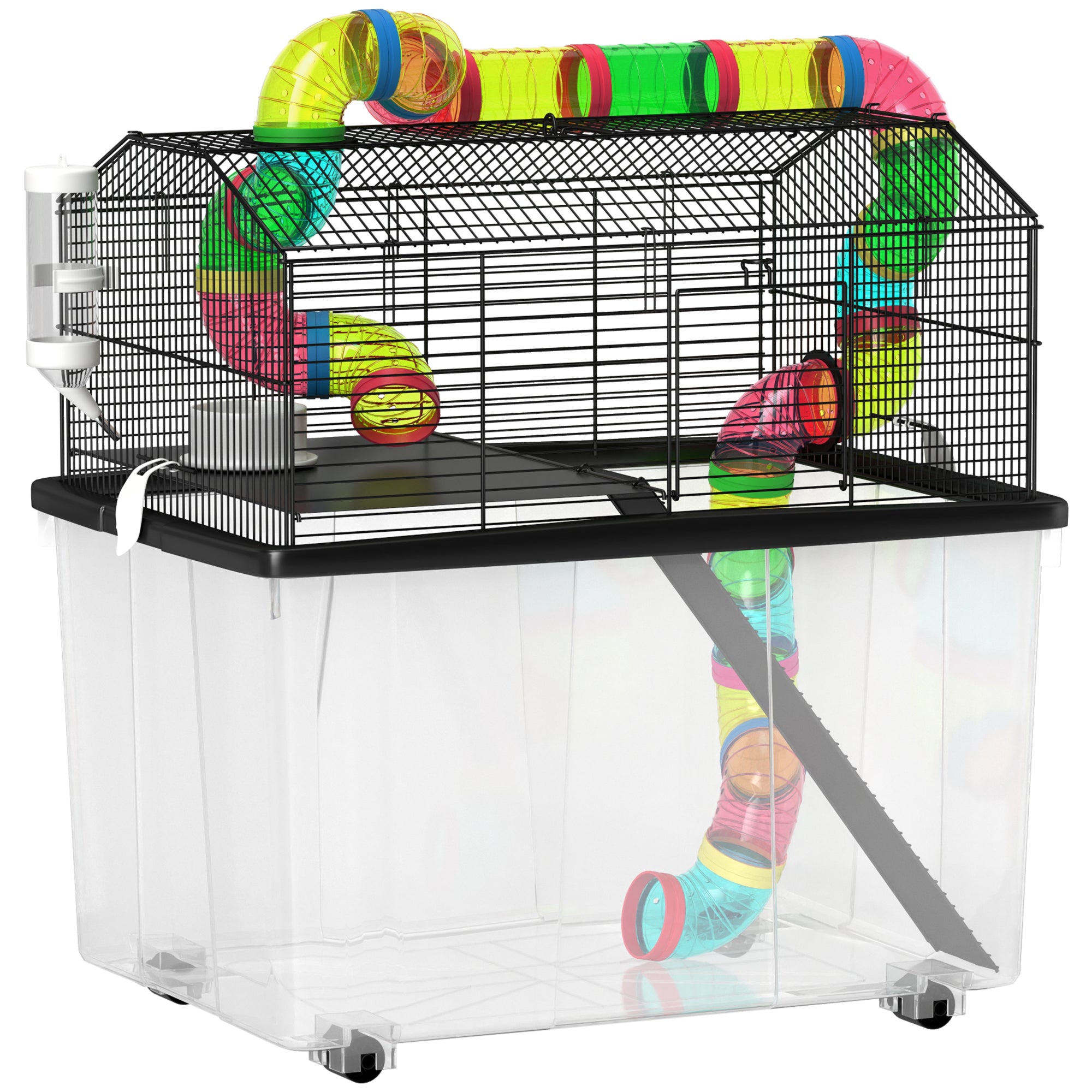 PawHut 2 Tier Hamster Cage with 31cm Deep Tray, Tube System, Water Bottle, Ramp, Feeding Bowl, 58 x 43 x 57cm, Multicolour - North Peak Garden Furniture
