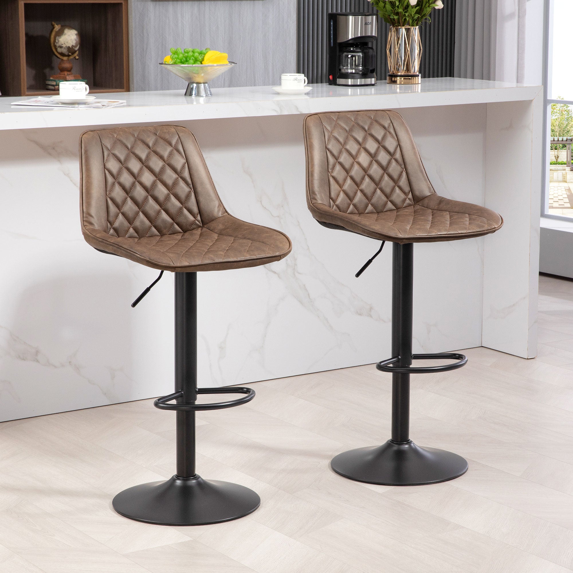 HOMCOM Bar Stools Set of 2, Retro Adjustable Kitchen Stool, Swivel PU Leather Upholstered Bar Chairs with Back, Footrest and Steel Base, Brown - North Peak Garden Furniture