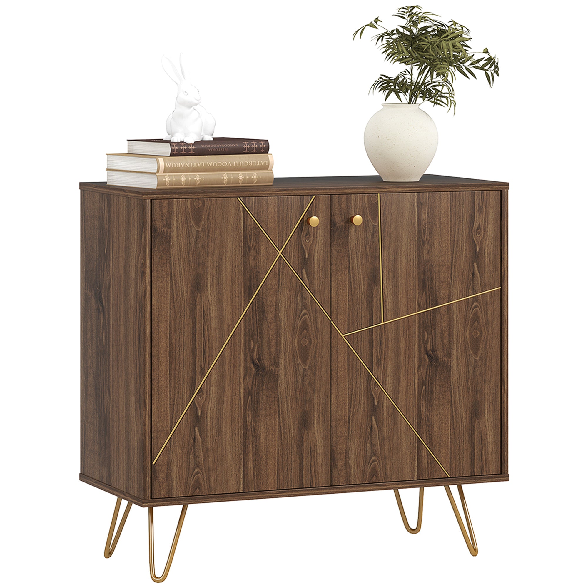 HOMCOM Sideboard Storage Cabinet with Golden Steel Lines, modern rustic Kitchen Buffet Cabinet with Adjustable Shelf Steel Legs for Living Room Dining Room, Brown - North Peak Garden Furniture
