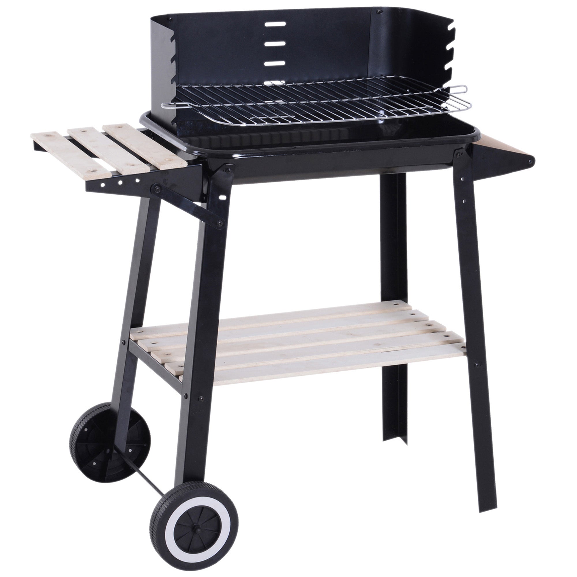 Outsunny Trolley Charcoal BBQ Barbecue Grill Outdoor Patio Garden Heating Smoker with Side Trays Storage Shelf and Wheels - North Peak Garden Furniture