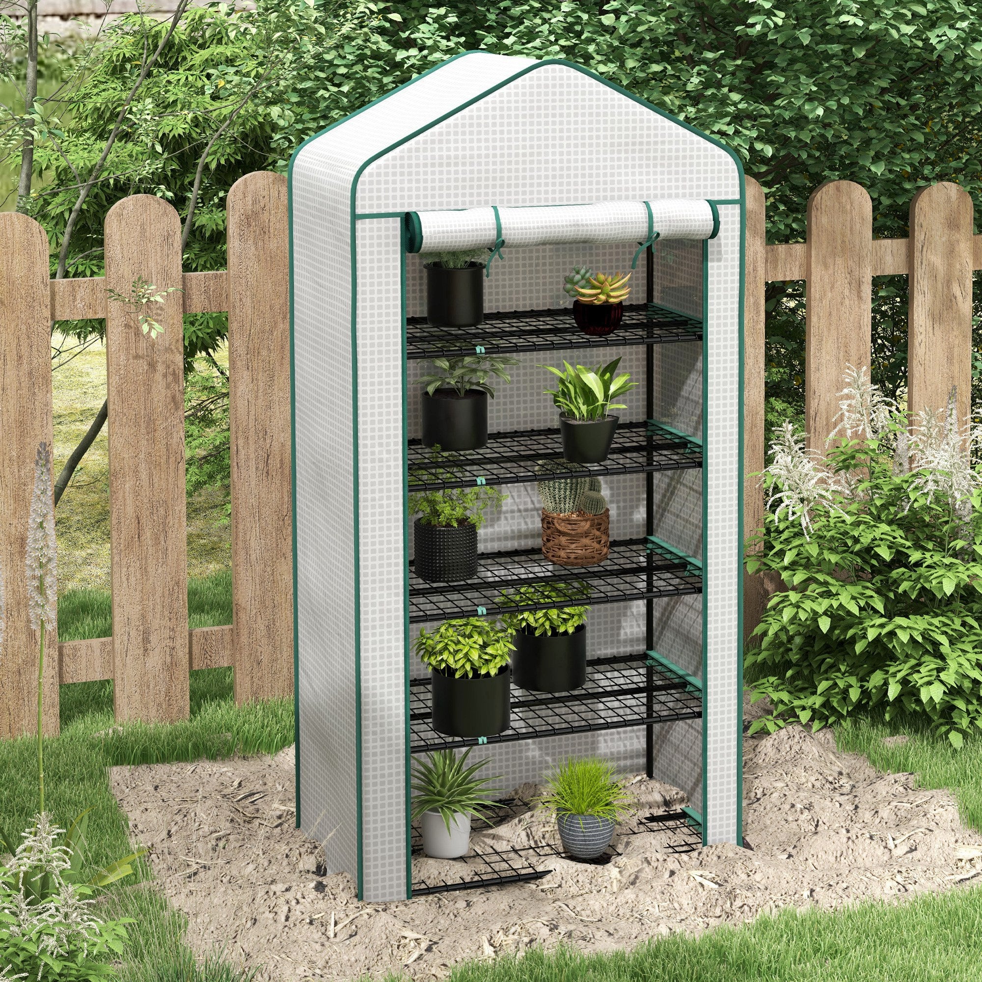Outsunny 5 Tier Widened Mini Greenhouse with Reinforced PE Cover, Portable Indoor Outdoor Green House with Roll-up Door and Wire Shelves, 193H x 90W x 49Dcm, White - North Peak Garden Furniture
