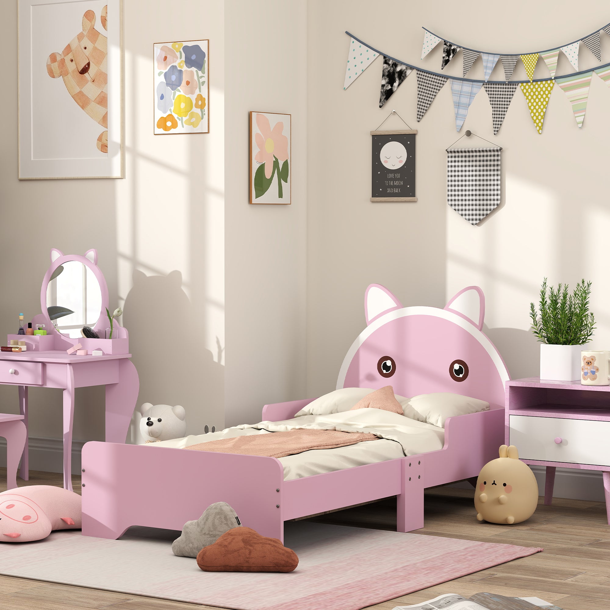 ZONEKIZ Bed for Kids Cat Design Toddler Bed Frame Bedroom Furniture with Guardrails, for 3-6 Years, 143L x 74W x 72Hcm - Pink - North Peak Garden Furniture