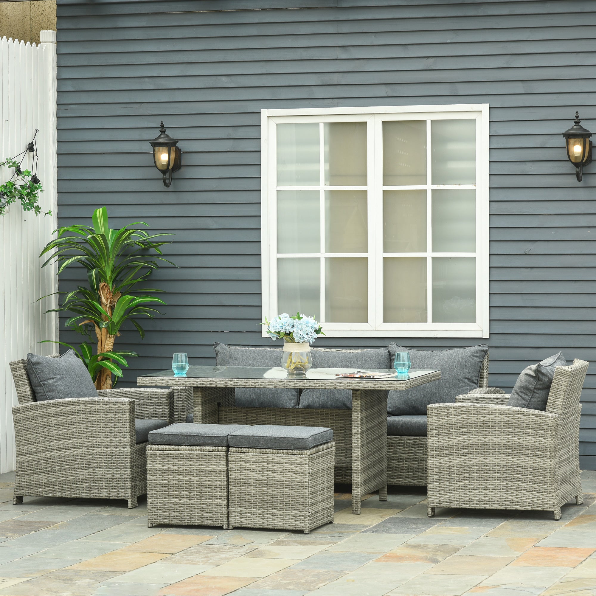Outsunny 6 Pieces PE Rattan Garden Furniture Set with Three-seat, Armchairs and Footstools, Aluminium Patio Wicker Dining Sets w/ Glass Top Dining Table, Soft Cushion, Light Grey - North Peak Garden Furniture