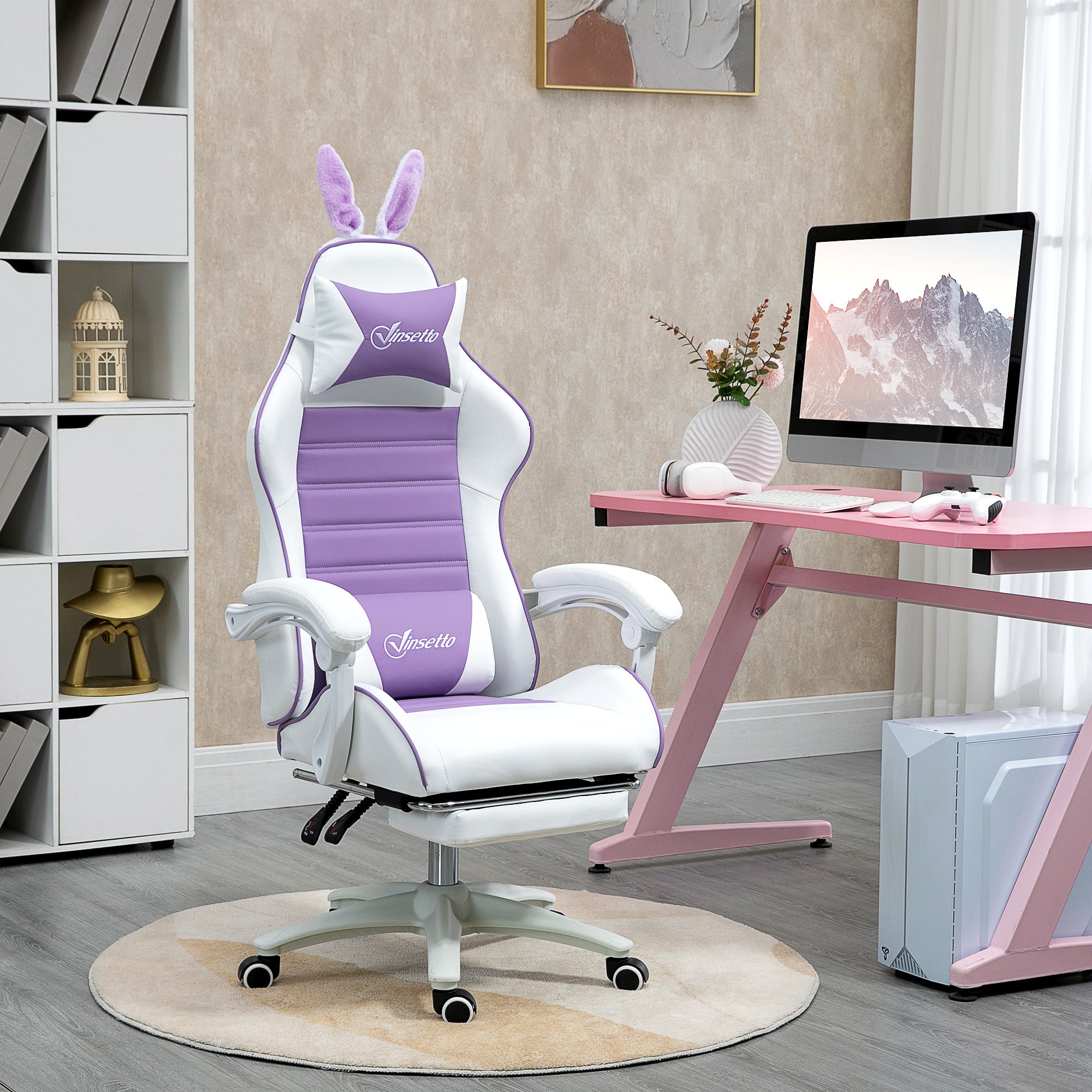 Vinsetto Racing Gaming Chair, Reclining PU Leather Computer Chair with Removable Rabbit Ears, Footrest, Headrest and Lumber Support, Purple - North Peak Garden Furniture
