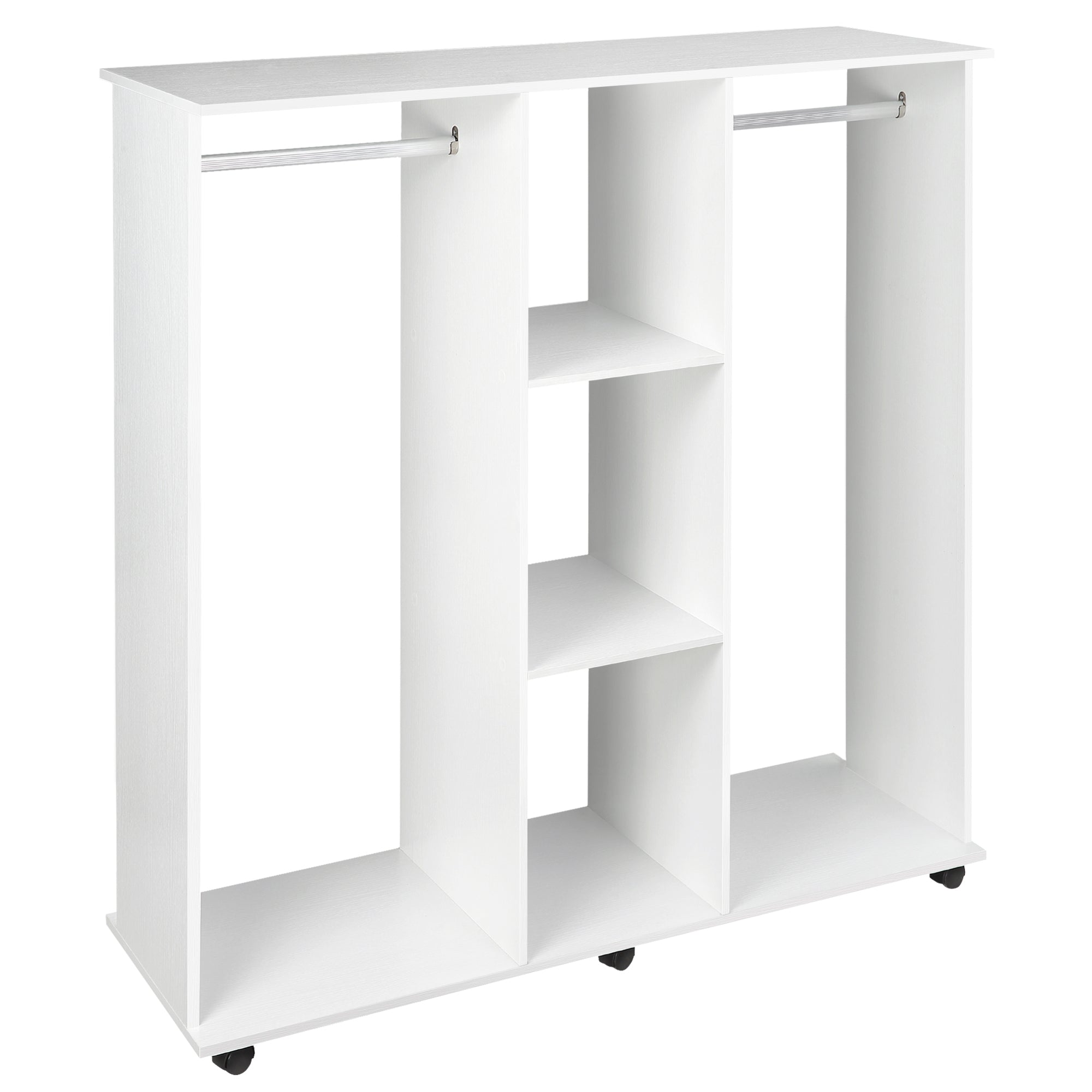 HOMCOM Open Wardrobe Double Mobile Storage Shelves Organizer W/6 Wheels-White - North Peak Garden Furniture