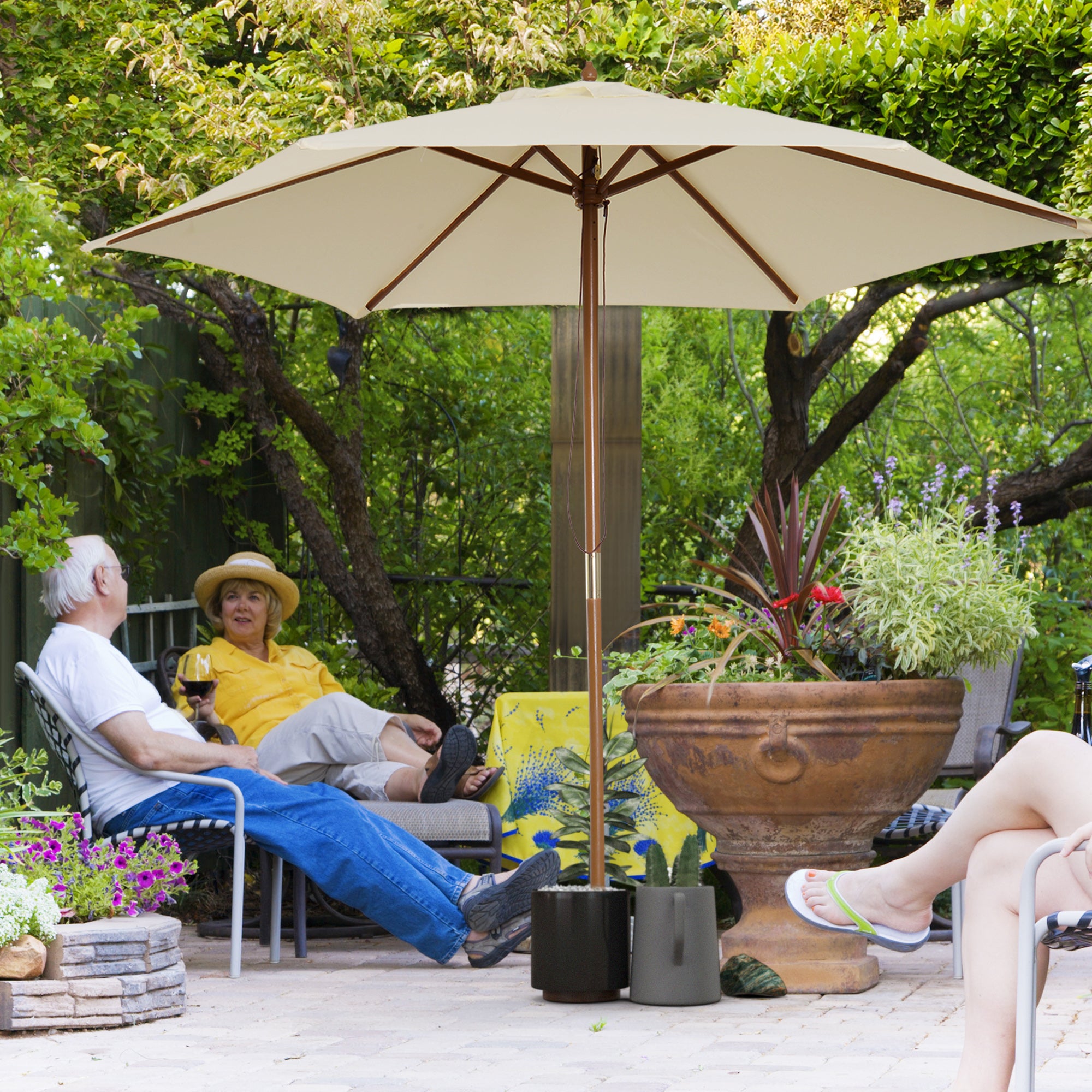 Outsunny 2.5m Wood Garden Parasol Sun Shade Patio Outdoor Wooden Umbrella Canopy Cream White - North Peak Garden Furniture