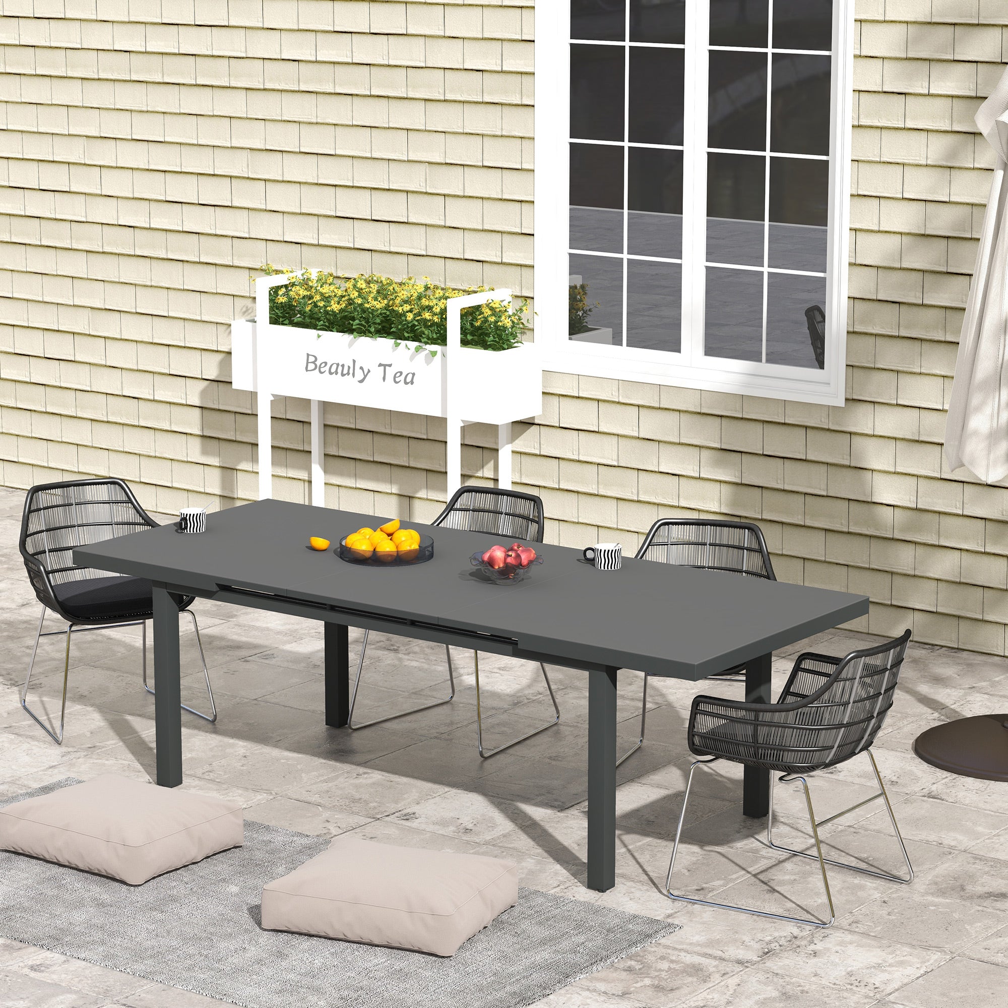 Outsunny Aluminium Garden Table for 6-8, Extending Outdoor Dining Table Rectangle for Lawn Balcony - Charcoal Grey - North Peak Garden Furniture