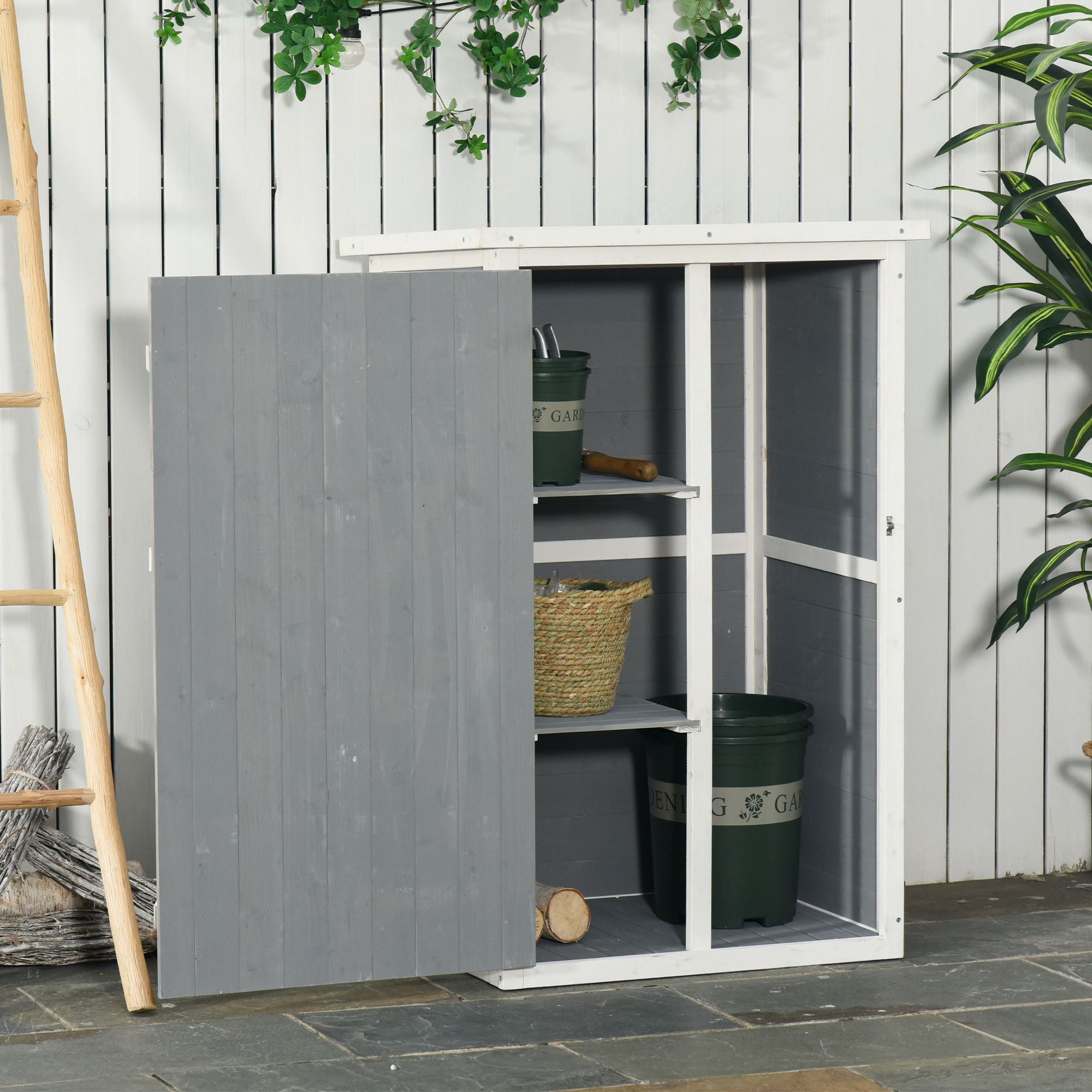 Outsunny Garden Shed Wooden Garden Storage Shed Fir Wood Tool Cabinet Organiser with Shelves 75L x 56W x115Hcm Grey - North Peak Garden Furniture