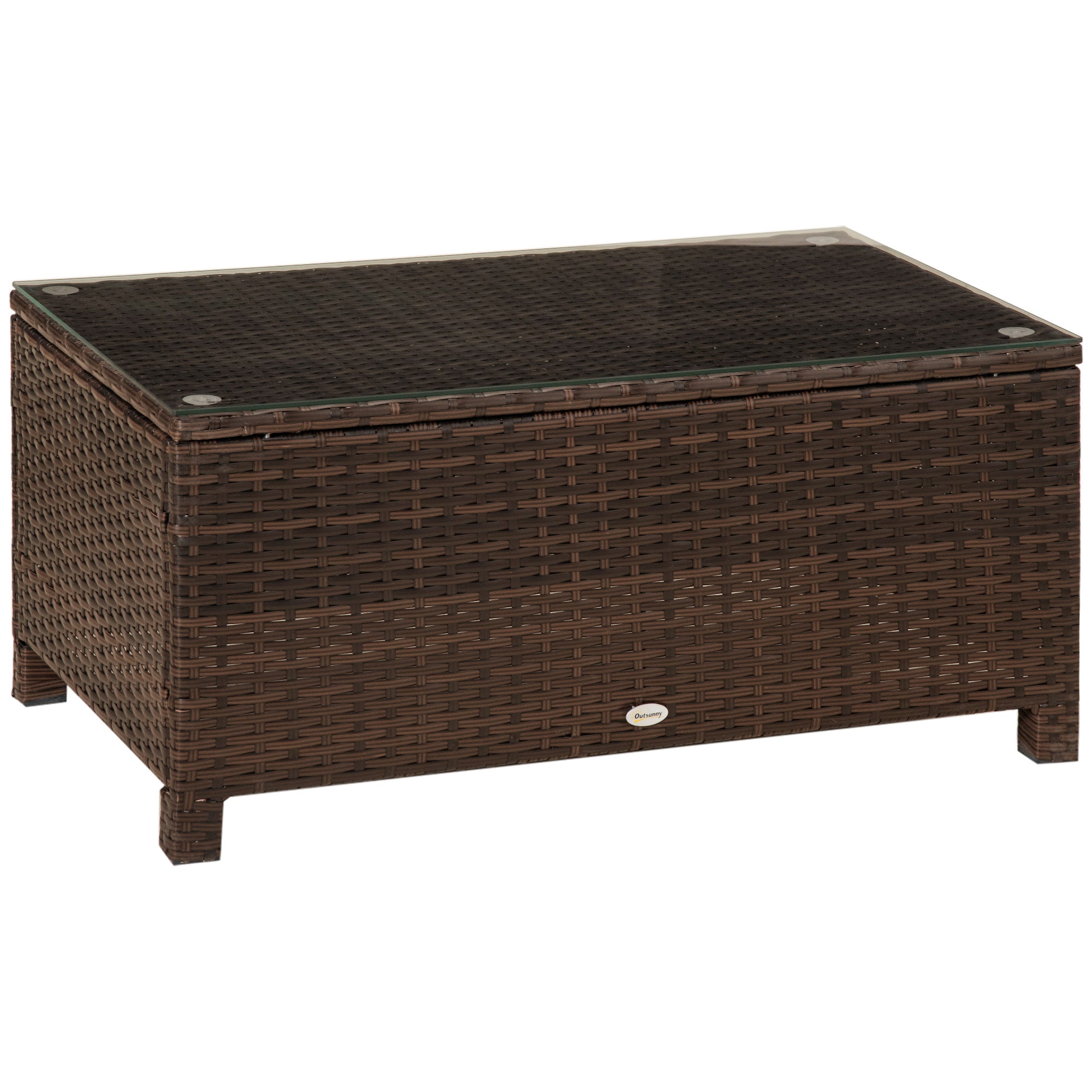 Outsunny PE Rattan Garden Coffee Table with Glass Table Top - Brown - North Peak Garden Furniture