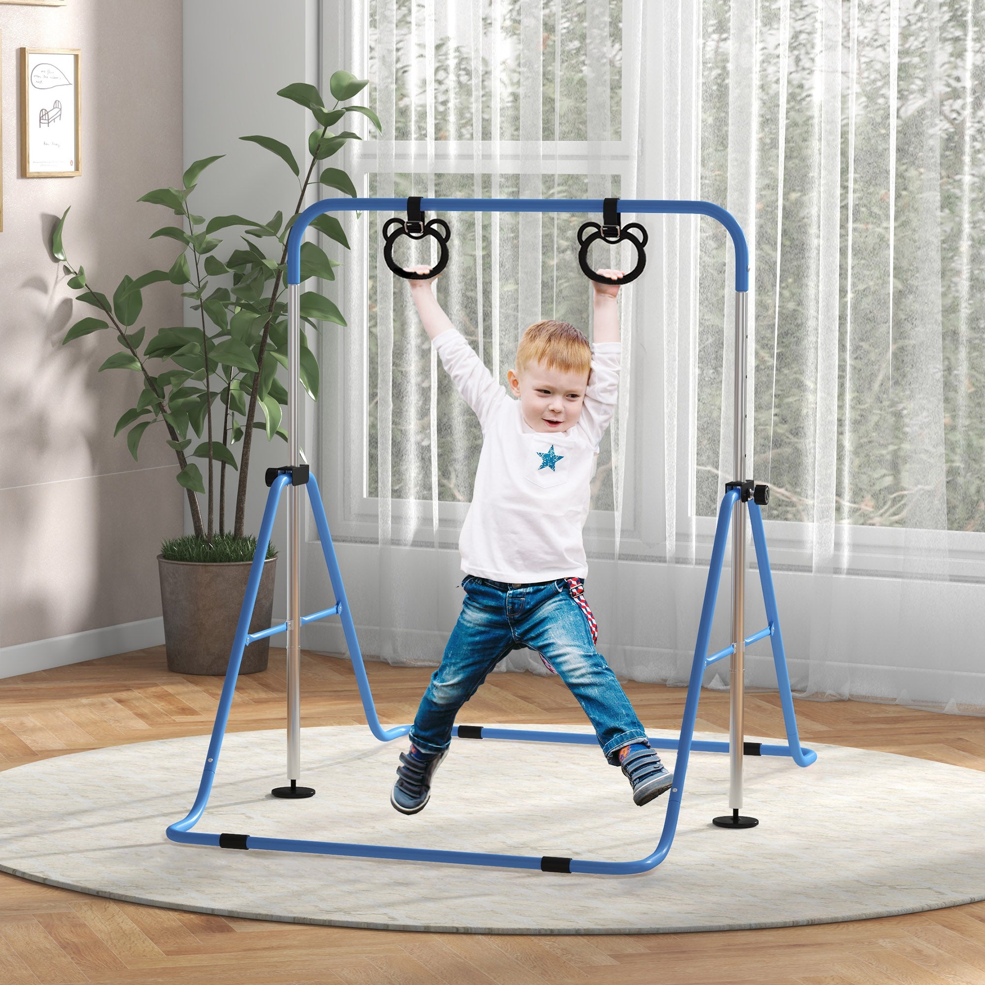 HOMCOM Adjustable Height, Foldable Kids Gymnastics Bar w/ Non-Slip Mats, for 3+ Years, Blue - North Peak Garden Furniture