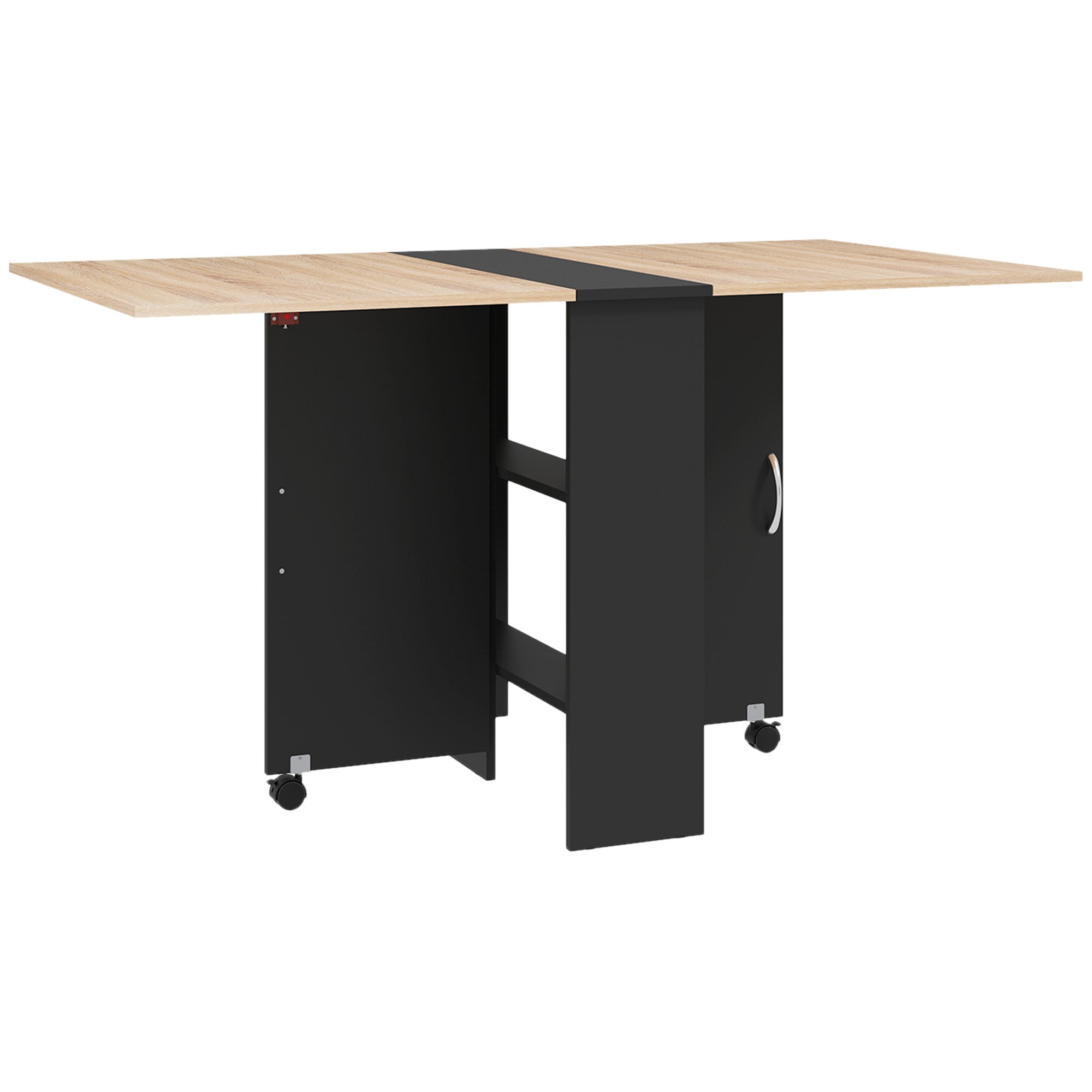 HOMCOM Folding Dining Table, Drop Leaf Table for Small Spaces with 2-tier Shelves, Small Kitchen Table with Rolling Casters, Oak and Black - North Peak Garden Furniture