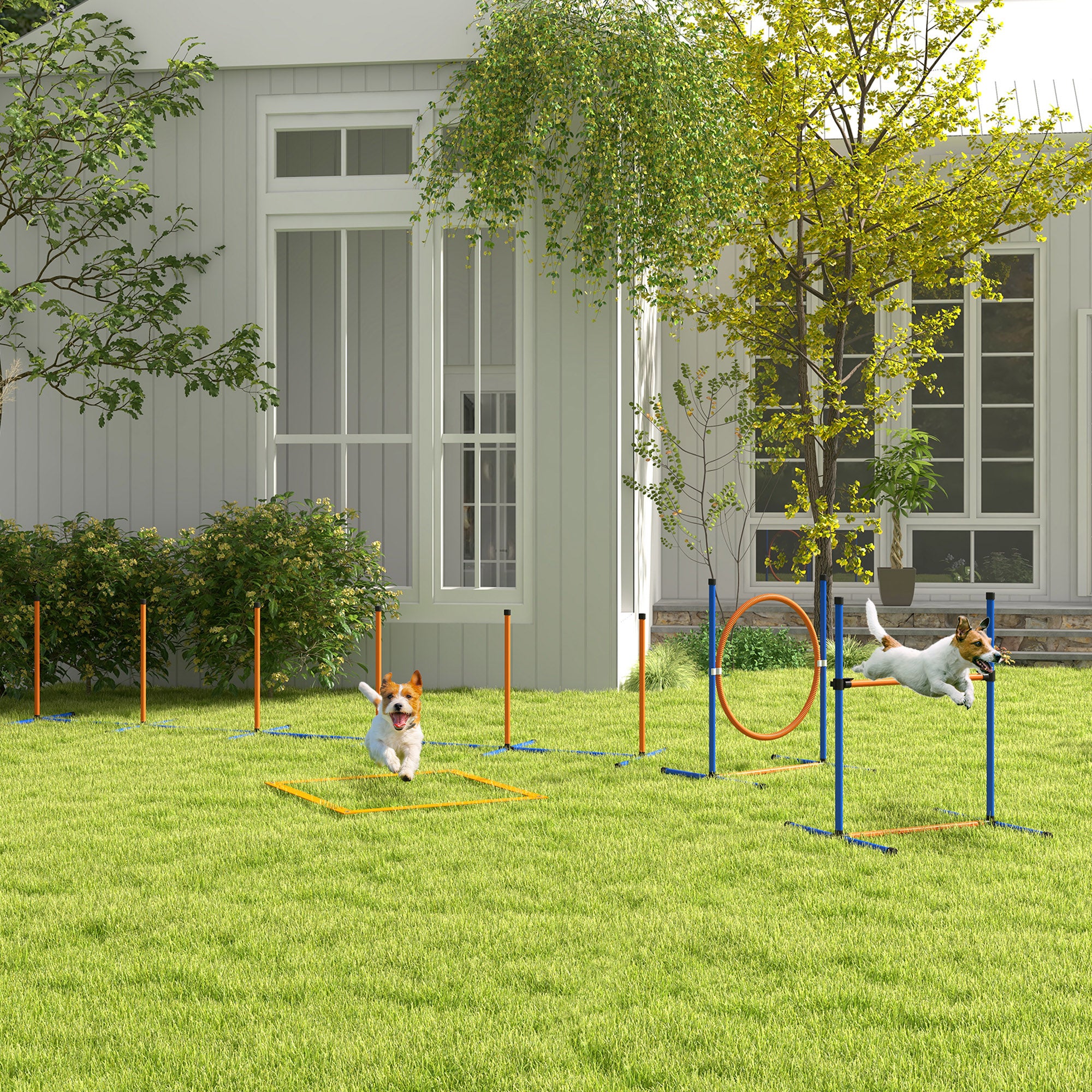 PawHut Eight-Piece Dog Agility Equipment Set with Weave Poles, Jump Ring, Hurdle, Pause Box, Training Shorts, Bag, Orange - North Peak Garden Furniture