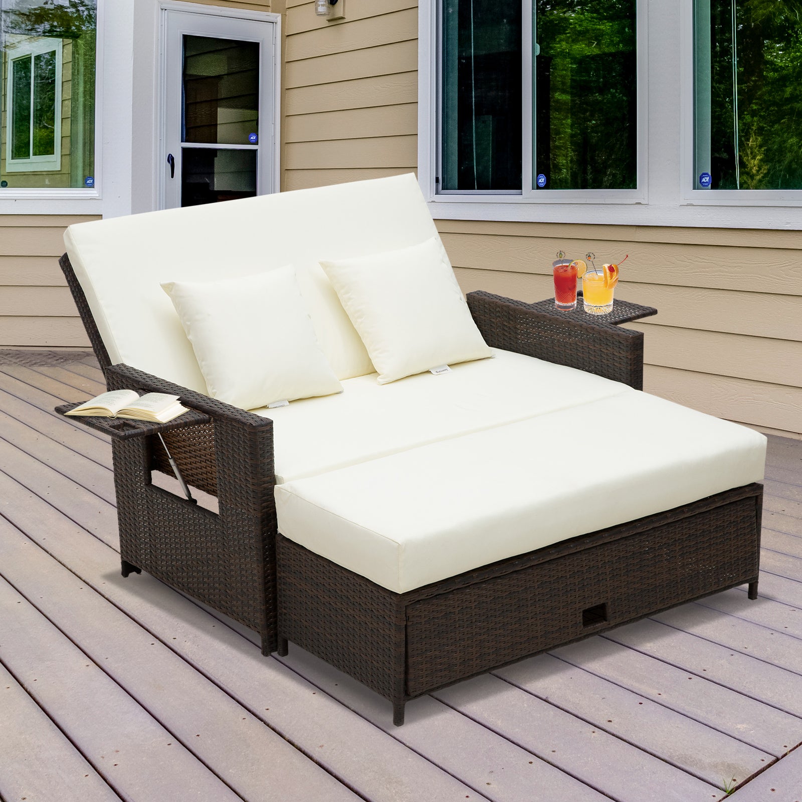 Outsunny Rattan Sun Lounger 2 Seater Day Bed-Brown - North Peak Garden Furniture