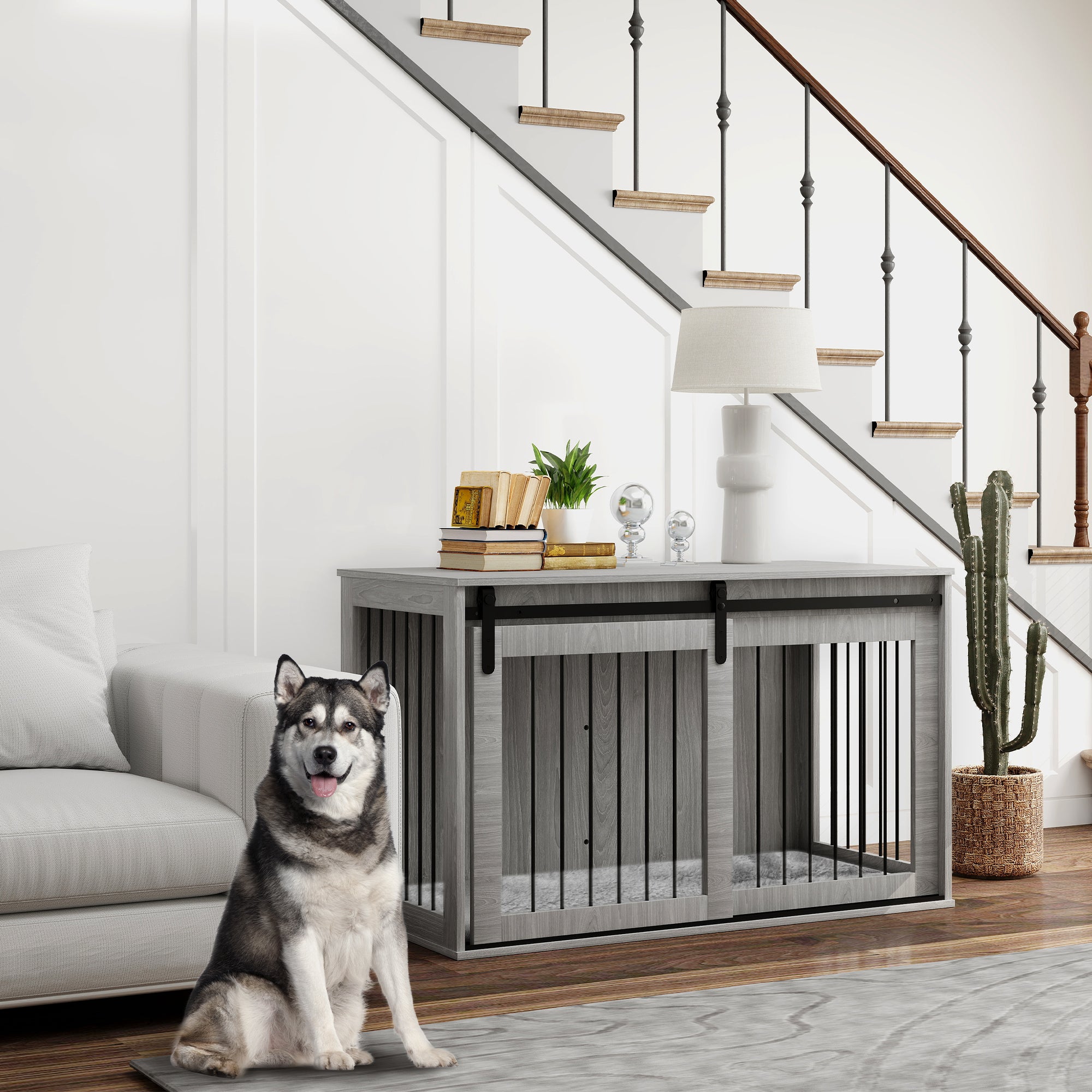 PawHut 118cm Dog Crate Furniture with Removable Cushion for Extra Large Dogs - Grey - North Peak Garden Furniture