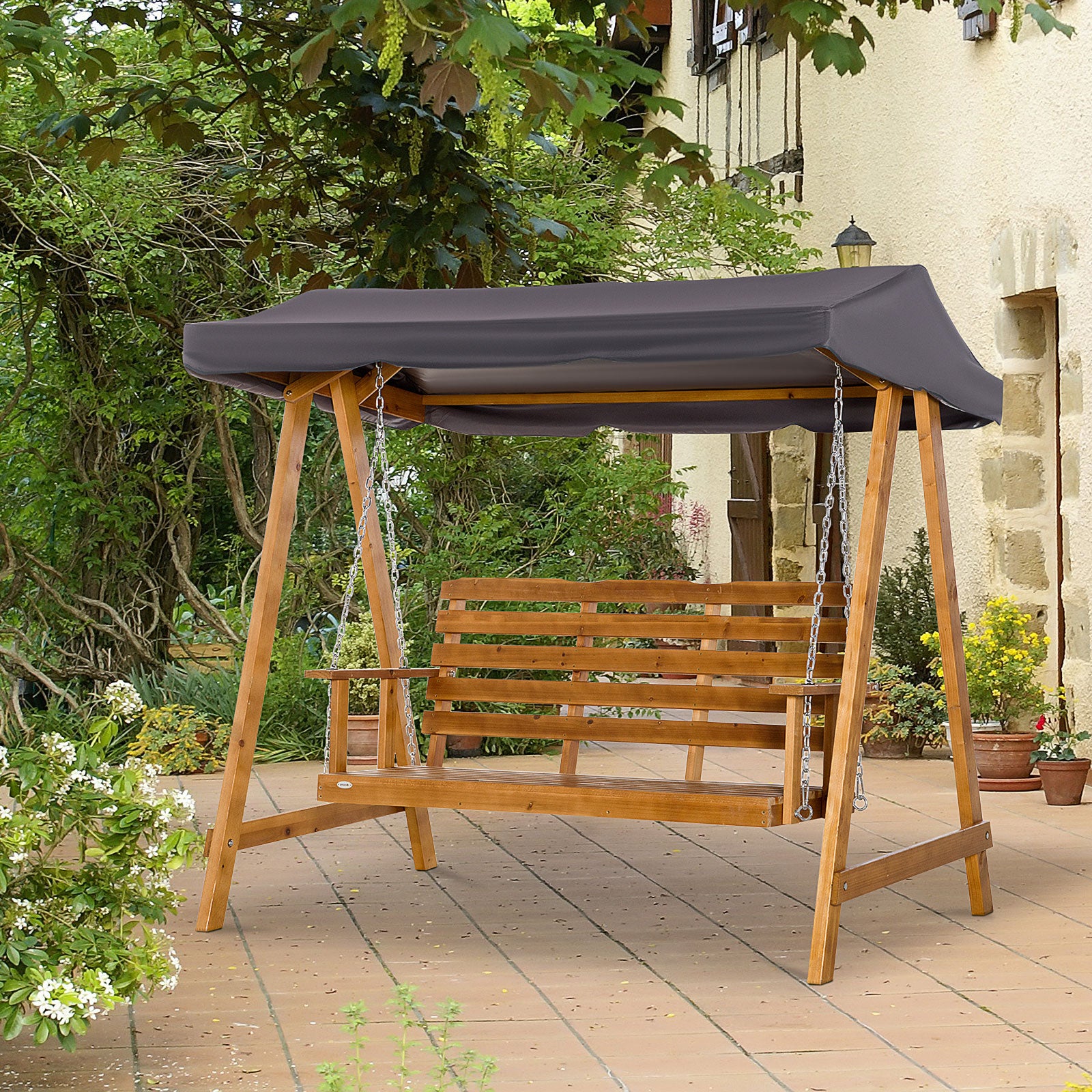 Outsunny 3 Seater Garden Swing Seat Swing Chair Outdoor Wooden Swing Bench Hammock with Adjustable Canopy - North Peak Garden Furniture