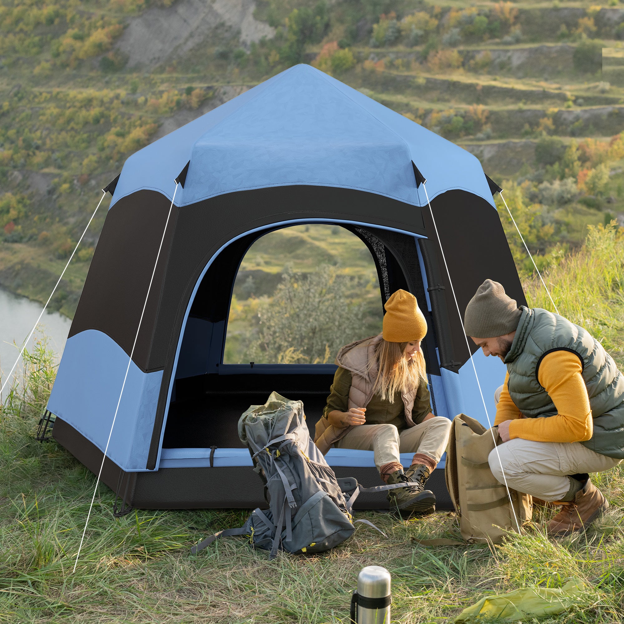Outsunny Double Layer Dome Tent with Rainfly and Welded Floor, 4 Man Hexagon Pop Up Tent, Portable Camping Shelter with Hang Hook and Carry Bag, for Festival Hiking Family, Blue and Black - North Peak Garden Furniture