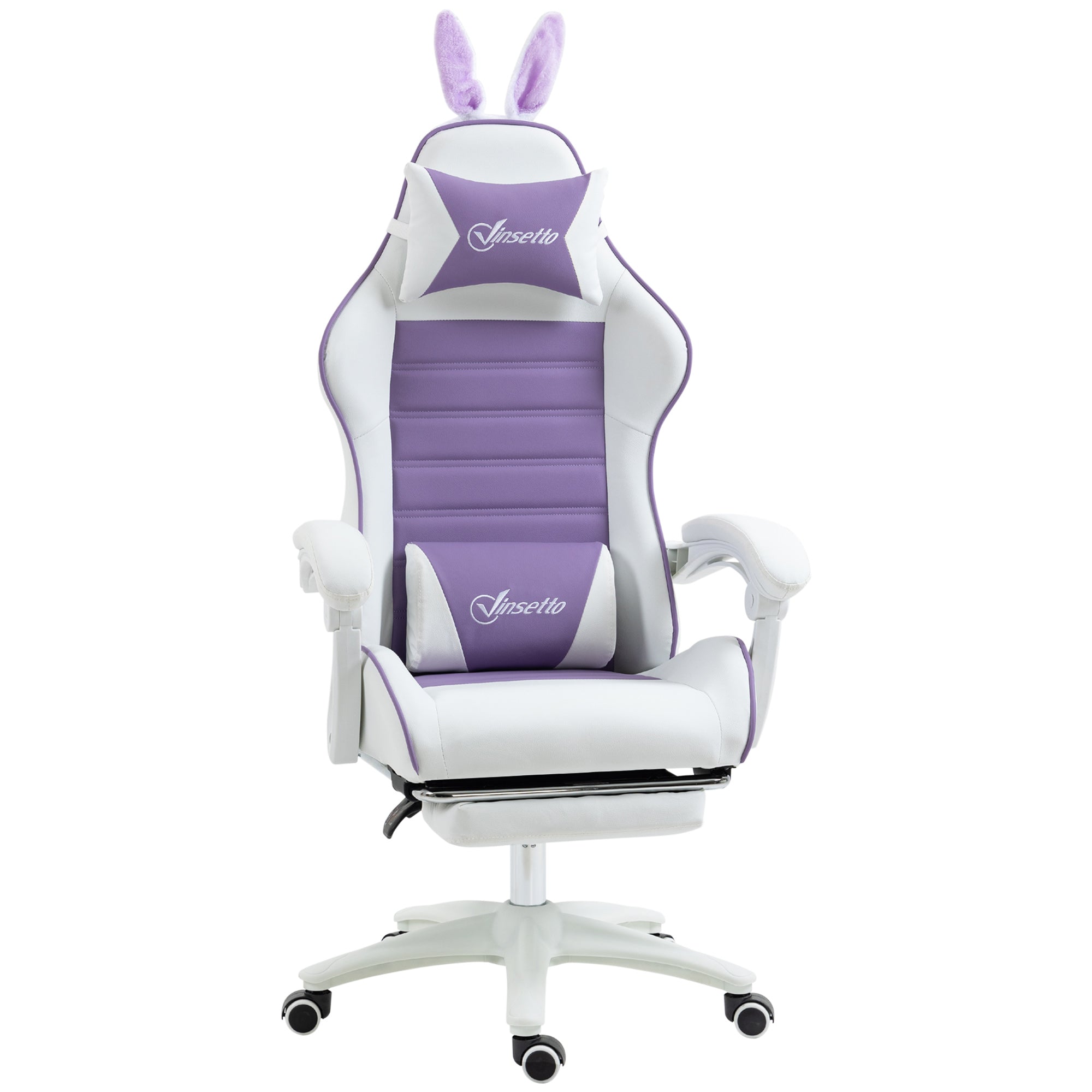 Vinsetto Racing Gaming Chair, Reclining PU Leather Computer Chair with Removable Rabbit Ears, Footrest, Headrest and Lumber Support, Purple - North Peak Garden Furniture