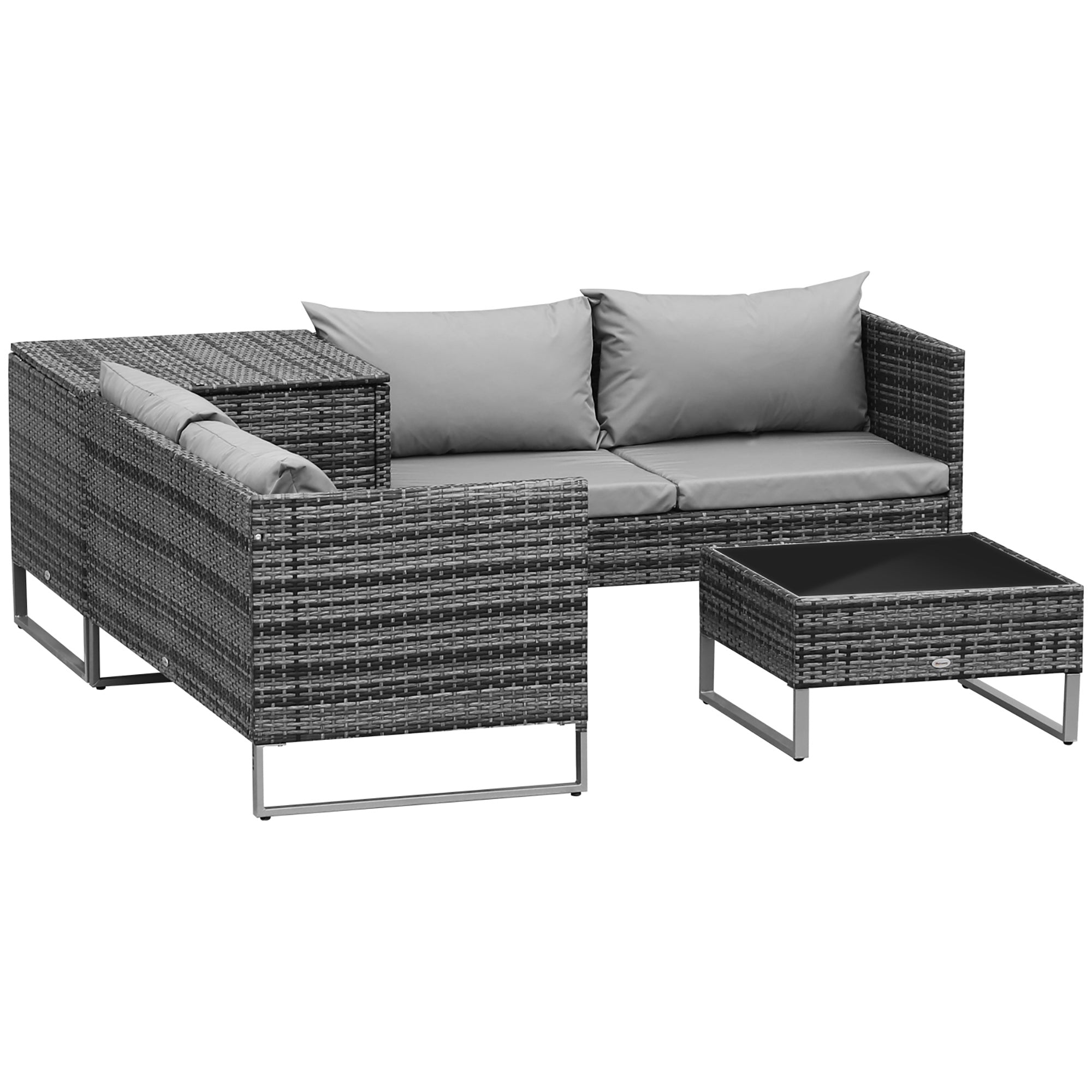 Outsunny 4pc Garden Rattan Wicker Outdoor Furniture Patio Corner Sofa Love Seat and Table Set with Cushions Side Desk Storage, Mixed Grey