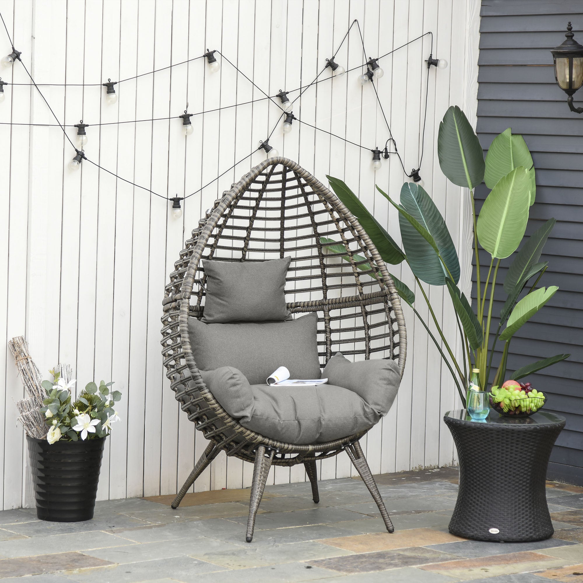 Outsunny Teardop PE Wicker Rattan Chair w/ Thick Cushions 4 Legs Outdoor Seat Egg Garden - North Peak Garden Furniture