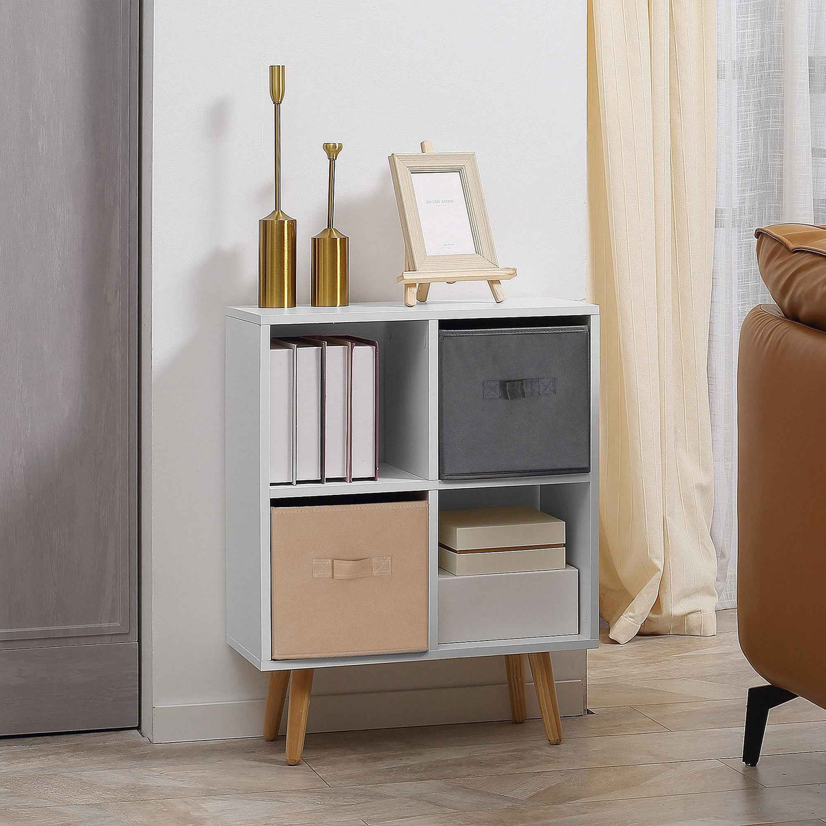 HOMCOM Freestanding 4 Cube Unit Cabinet Unit w/ 3 Fabric Drawers Handles Home Office Storage Shelves