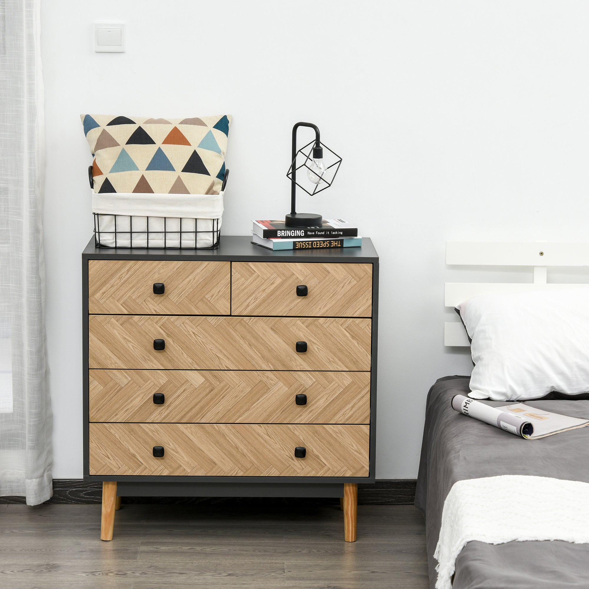 HOMCOM Chest of Drawers, 5 Drawer Storage Cabinet Sideboards with Metal Handles Freestanding Dresser for Bedroom, Living Room - North Peak Garden Furniture