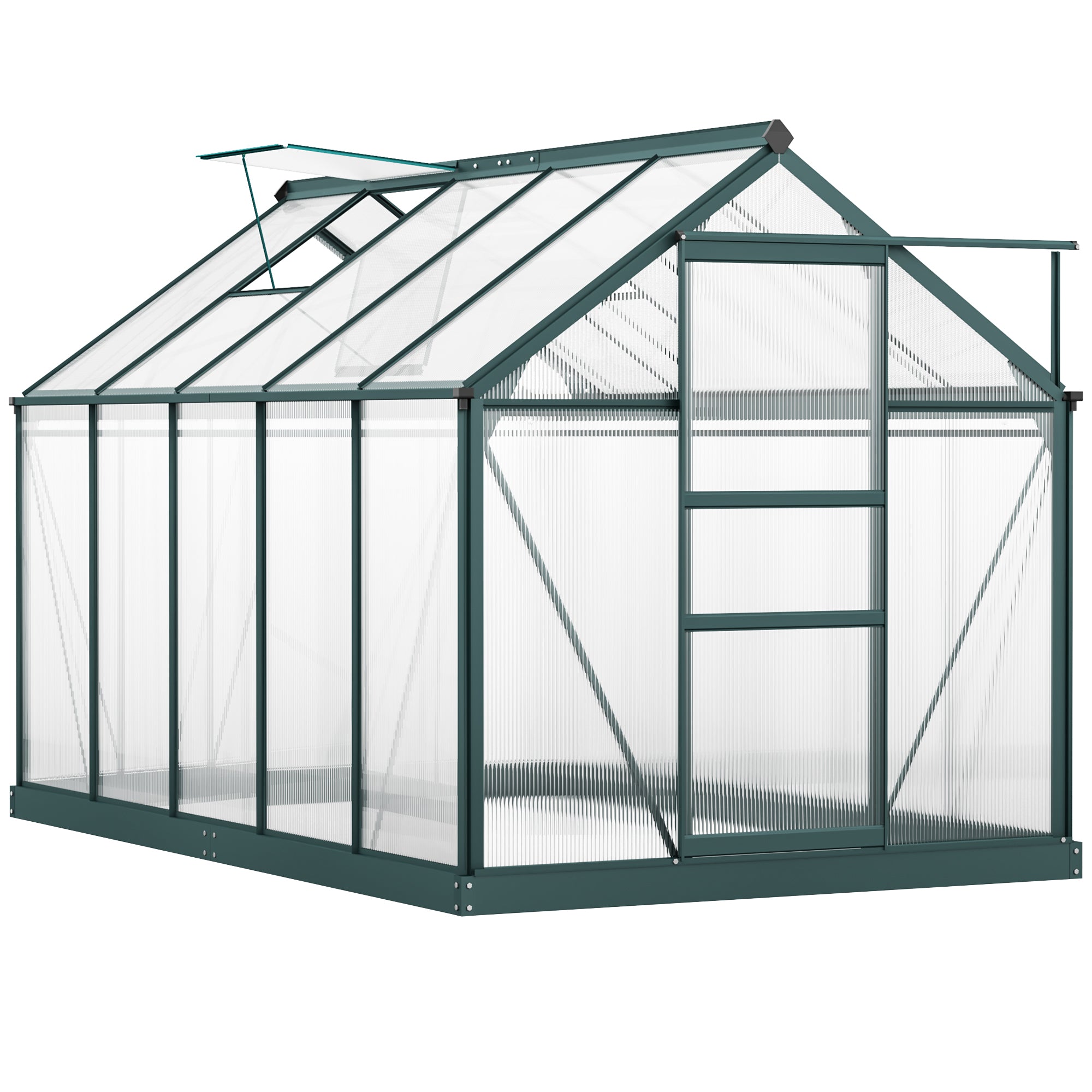 Outsunny 6 x 10ft Polycarbonate Greenhouse, Large Walk-In Green House with Slide Door and Window, Garden Plants Grow House with Aluminium Frame and Foundation, Dark Green - North Peak Garden Furniture