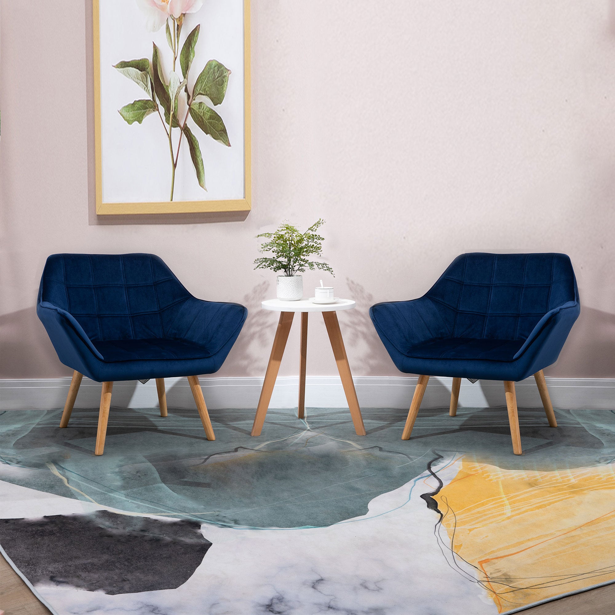 HOMCOM Armchair Accent Chair, Vanity Chair with Wide Arms, Slanted Back, Padding, Metal Frame, Wooden Legs, Home Bedroom Furniture Seating, Set of 2, Blue - North Peak Garden Furniture