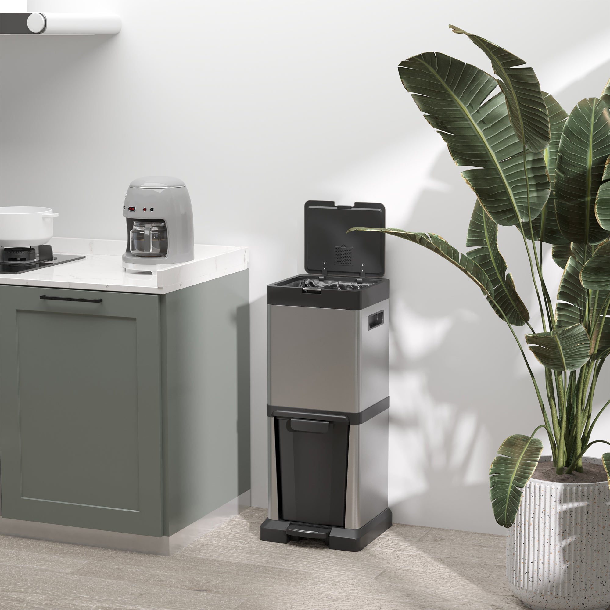 HOMCOM 34L Double Compartment Kitchen Bin, with Soft-Close Lid