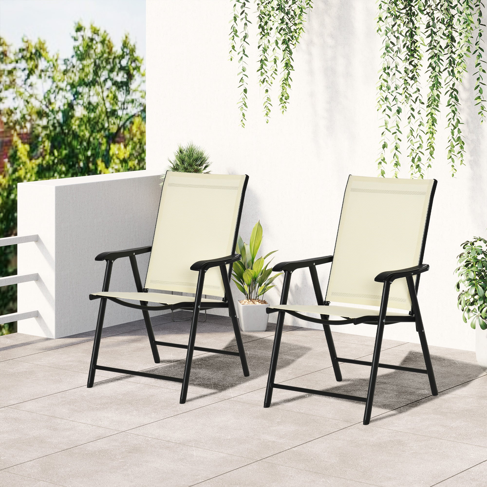Outsunny Set of 2 Folding Garden Chairs, Metal Frame Garden Chairs Outdoor Patio Park Dining Seat with Breathable Mesh Seat, Beige - North Peak Garden Furniture
