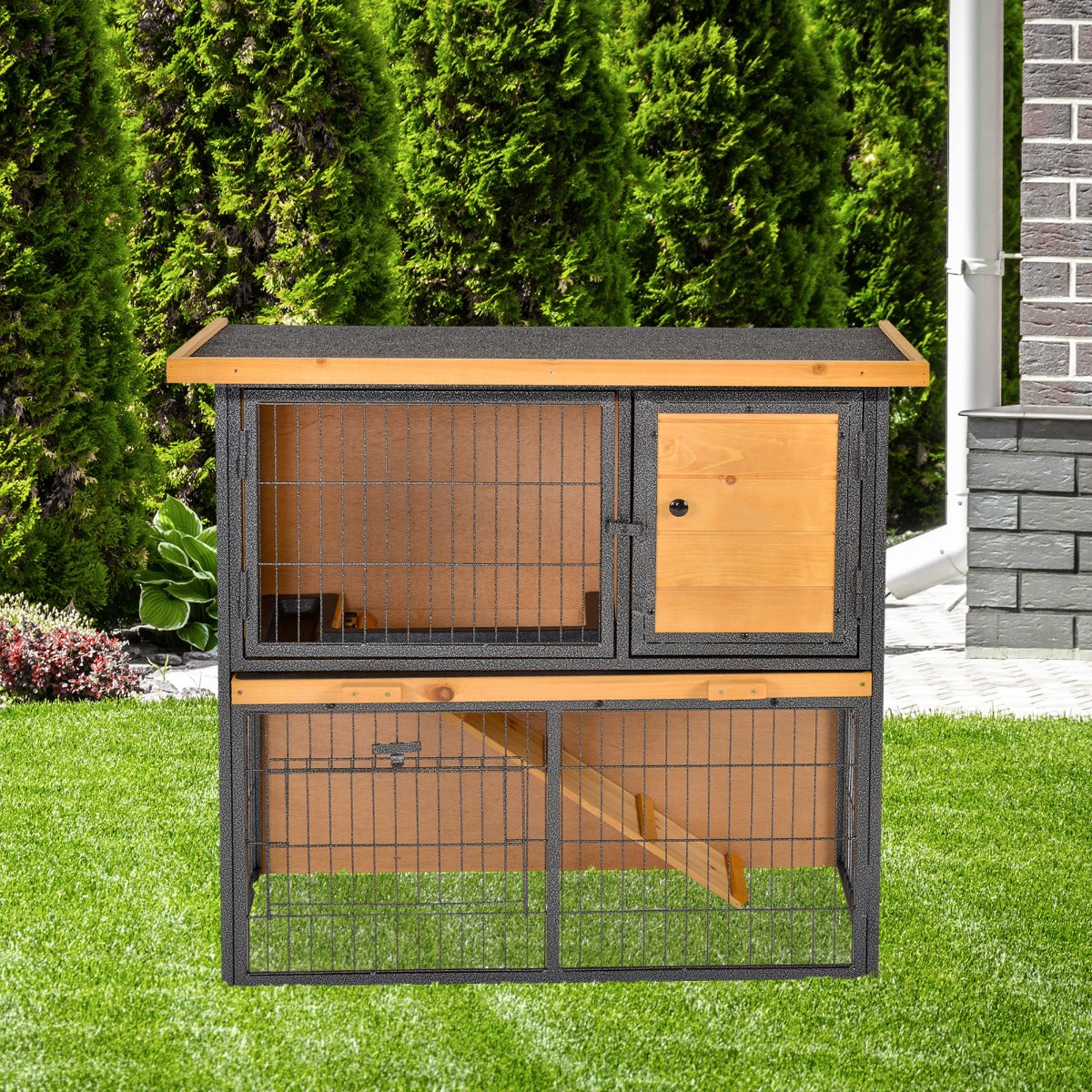 PawHut Wood-metal Guinea Pigs Hutches Elevated Pet House Outdoor 89.5 x 45 x 81cm - North Peak Garden Furniture