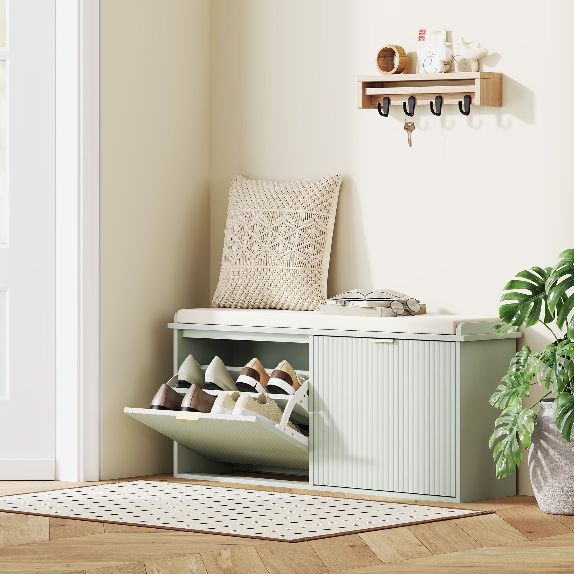 HOMCOM Elegant Ten Shoe Bench, with Top Seat - Green - North Peak Garden Furniture