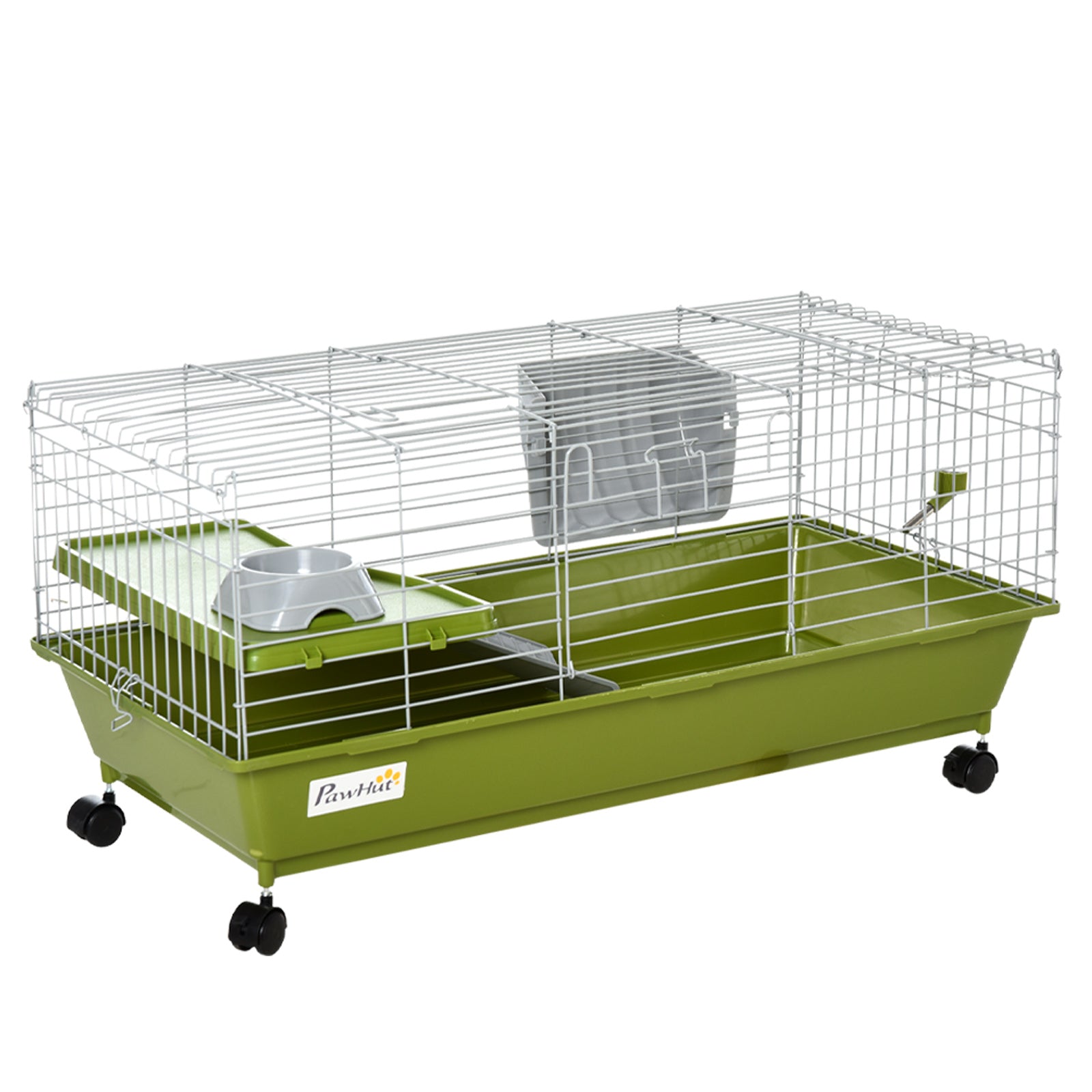 PawHut Small Animal Cage Rabbit Guinea Pigs Chinchillas Cage w/ Wheels Water Bottle Food Dish Platform Ramp 89 x 44 x 43 cm Green - North Peak Garden Furniture