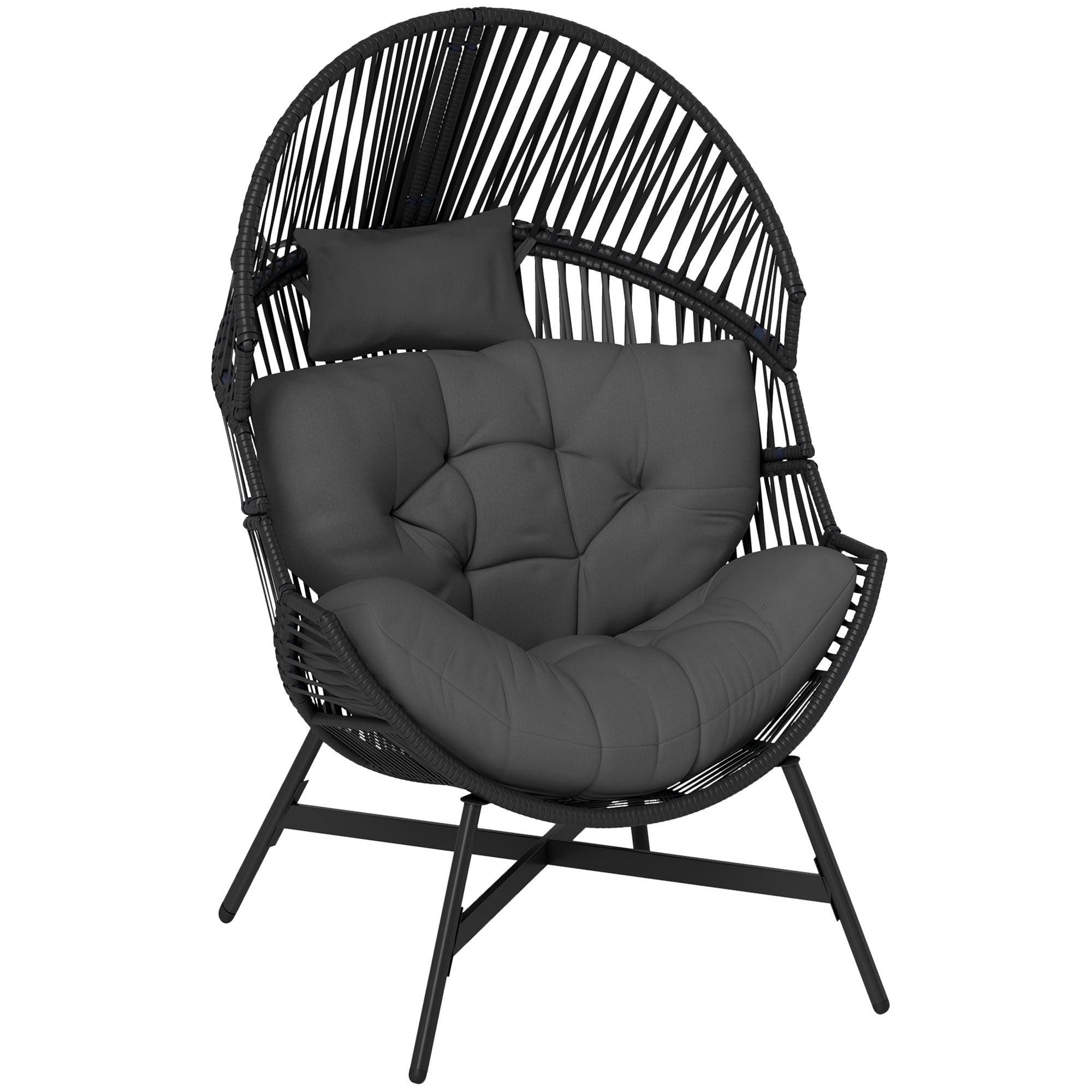 Outsunny Standing Rattan Egg Chair Outdoor, Oversized Wicker Garden Egg Chair with Thick Tufted Cushion, Headrest, Steel Frame, Charcoal Grey - North Peak Garden Furniture