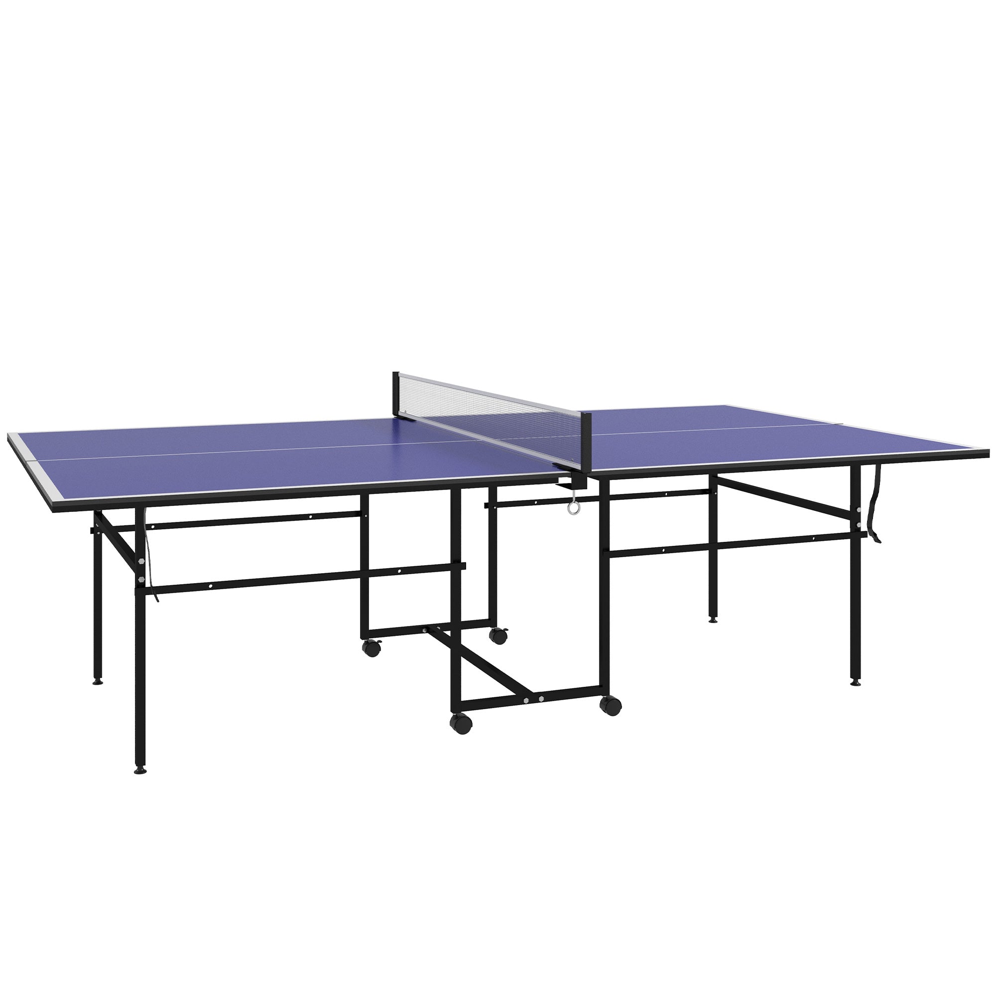 SPORTNOW 9FT Folding Table Tennis Table with 4 Wheels, for Indoor Use, Blue - North Peak Garden Furniture