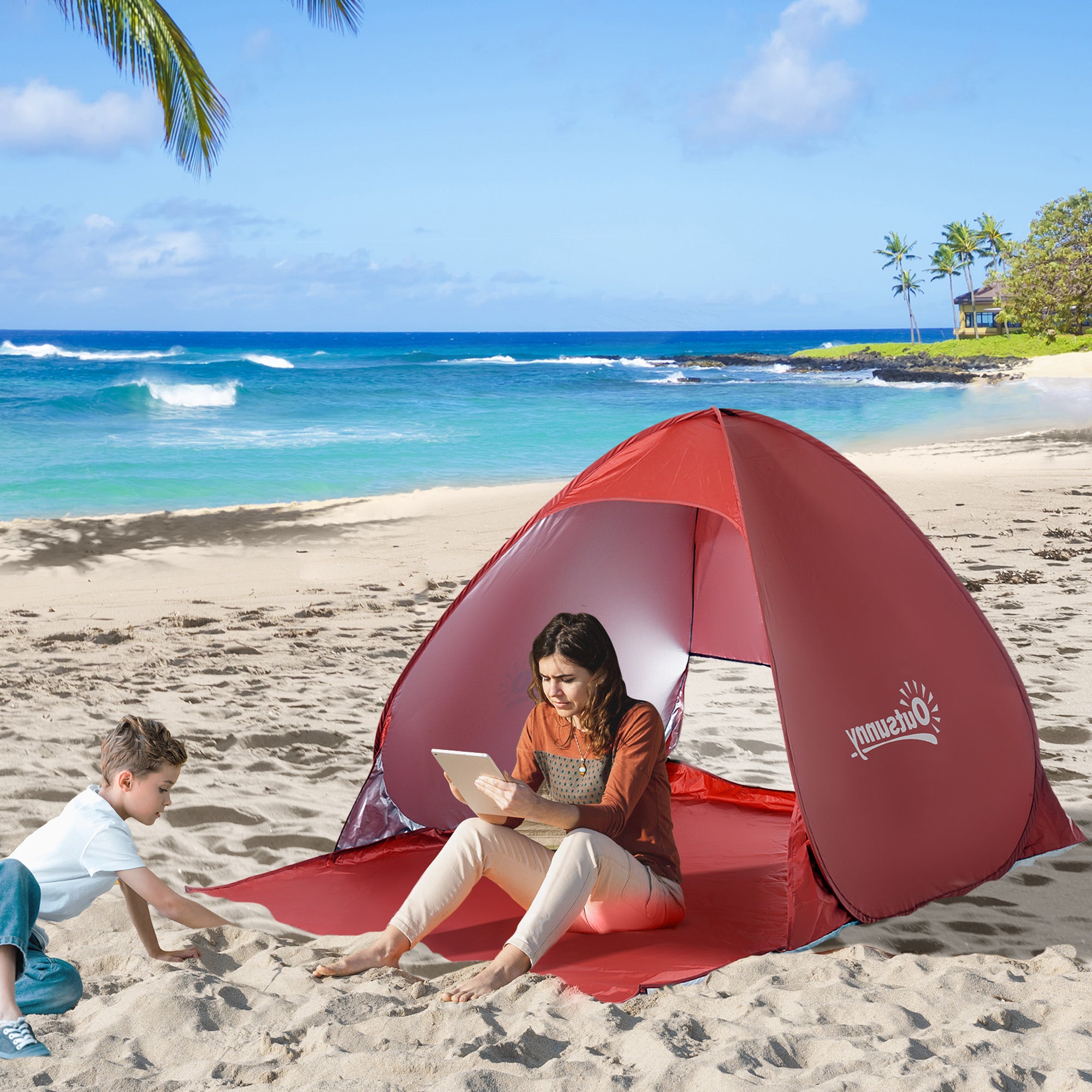 Outsunny Pop-up Portable Beach Tent-Red - North Peak Garden Furniture