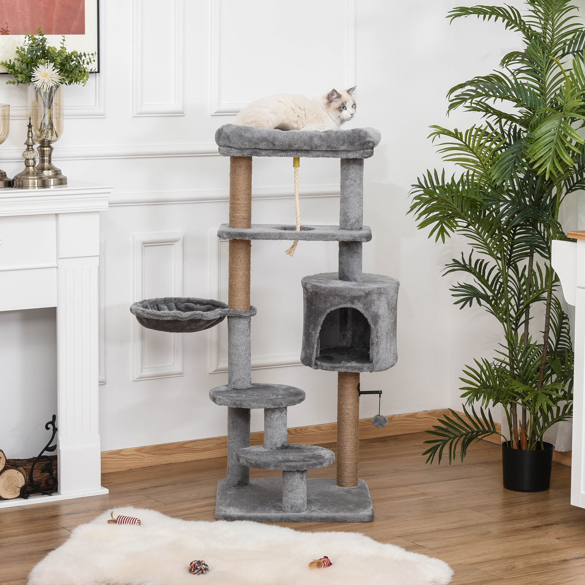 PawHut Cat Tree Tower for Indoor Cats 120cm Climbing Kitten Activity Center with Jute Scratching Post Perch Hanging Ball Hammock Teasing Rope Condo Toy Light Grey - North Peak Garden Furniture