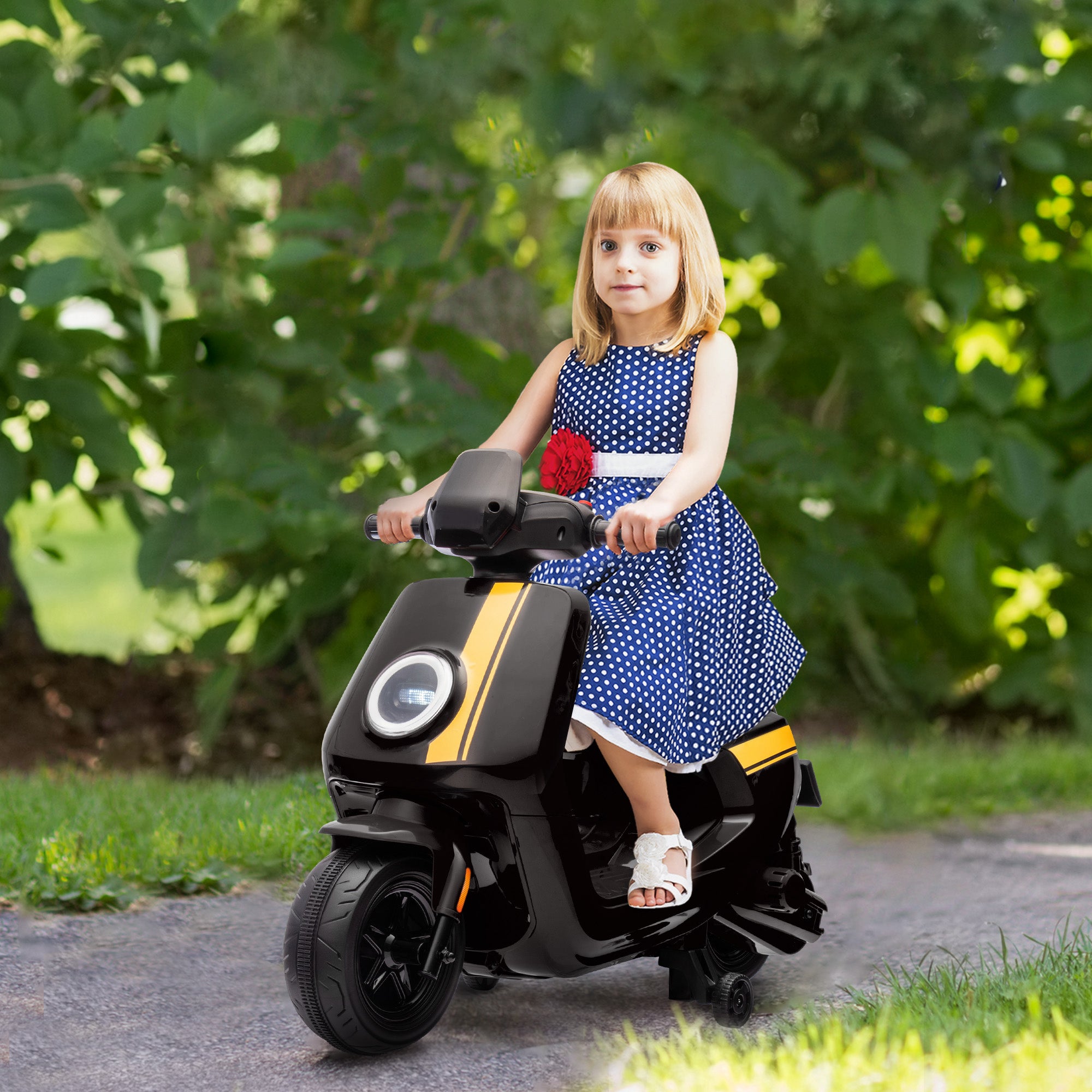 AIYAPLAY 6V Ride on Motorbike Kids Electric Motorbike w/ Headlight Music, Training Wheels, for Ages 18-36 Months - Black - North Peak Garden Furniture