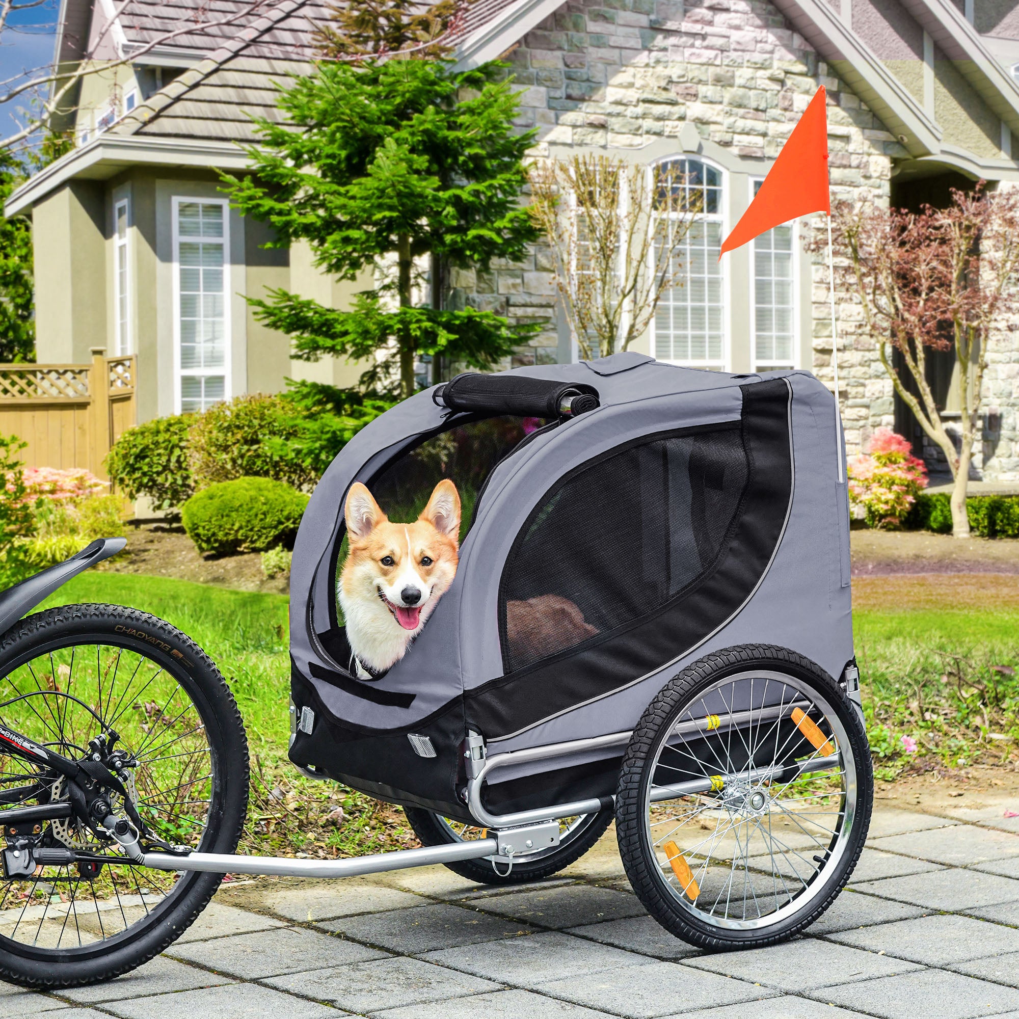 PawHut Steel Dog Bike Trailer Pet Cart Carrier for Bicycle Kit Water Resistant with Hitch Coupler Travel Grey and Black - North Peak Garden Furniture