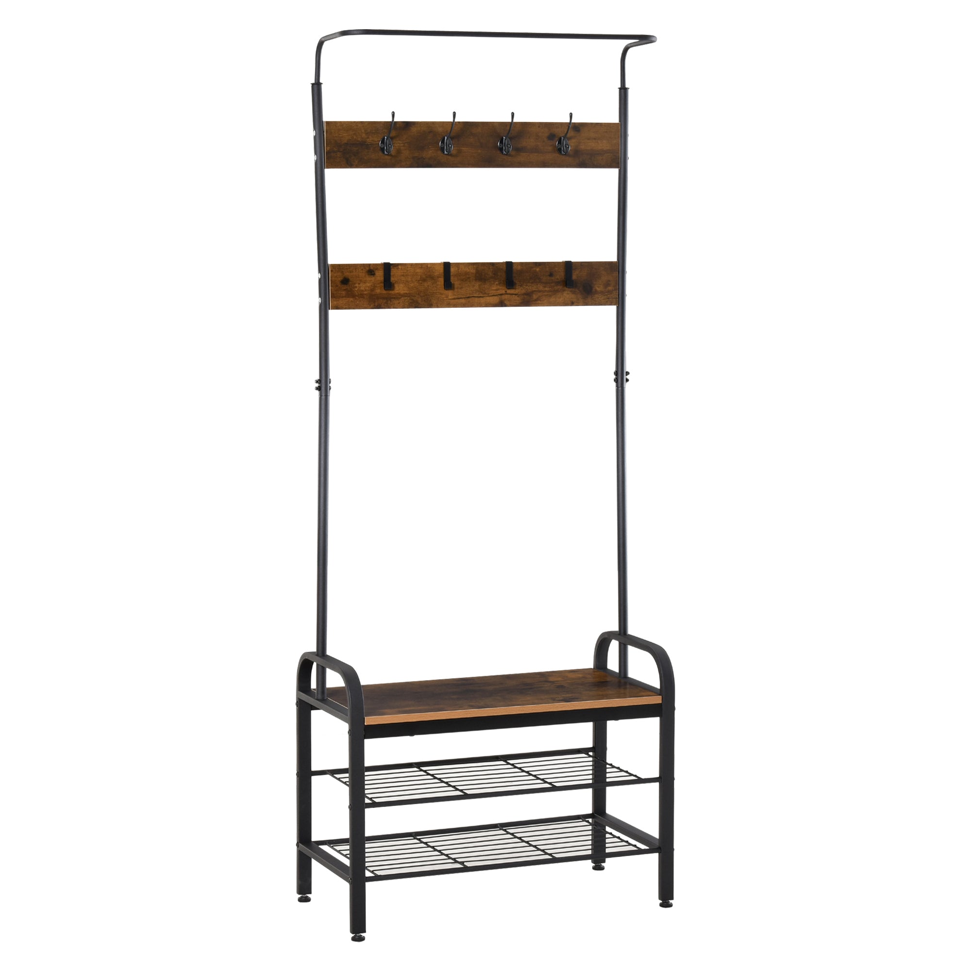 HOMCOM Coat Rack Stand Industrial hallway Shoe Rack Removable Hooks Metal Wood Hangers Storage Cabinet Rustic Brown 72L×34W×185H(cm) - North Peak Garden Furniture