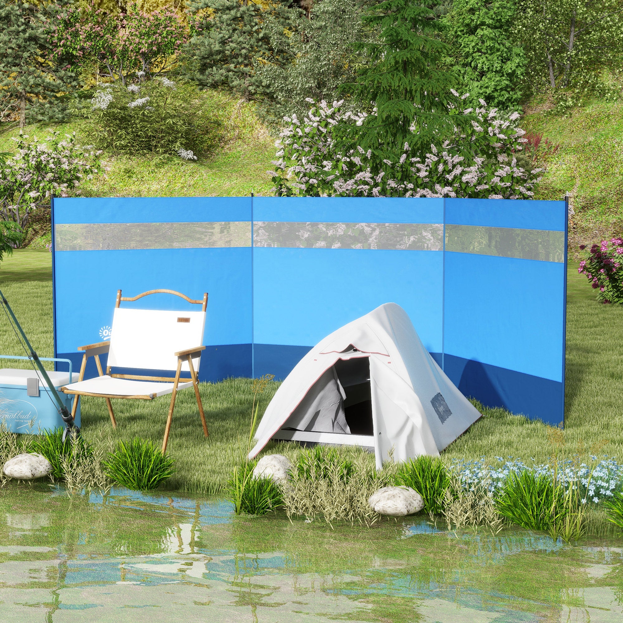 Outsunny Camping Windbreaker with Clear Windows, Carry Bag and Steel Poles, for Beach Caravan Campervan, 440 x 140cm, Blue - North Peak Garden Furniture