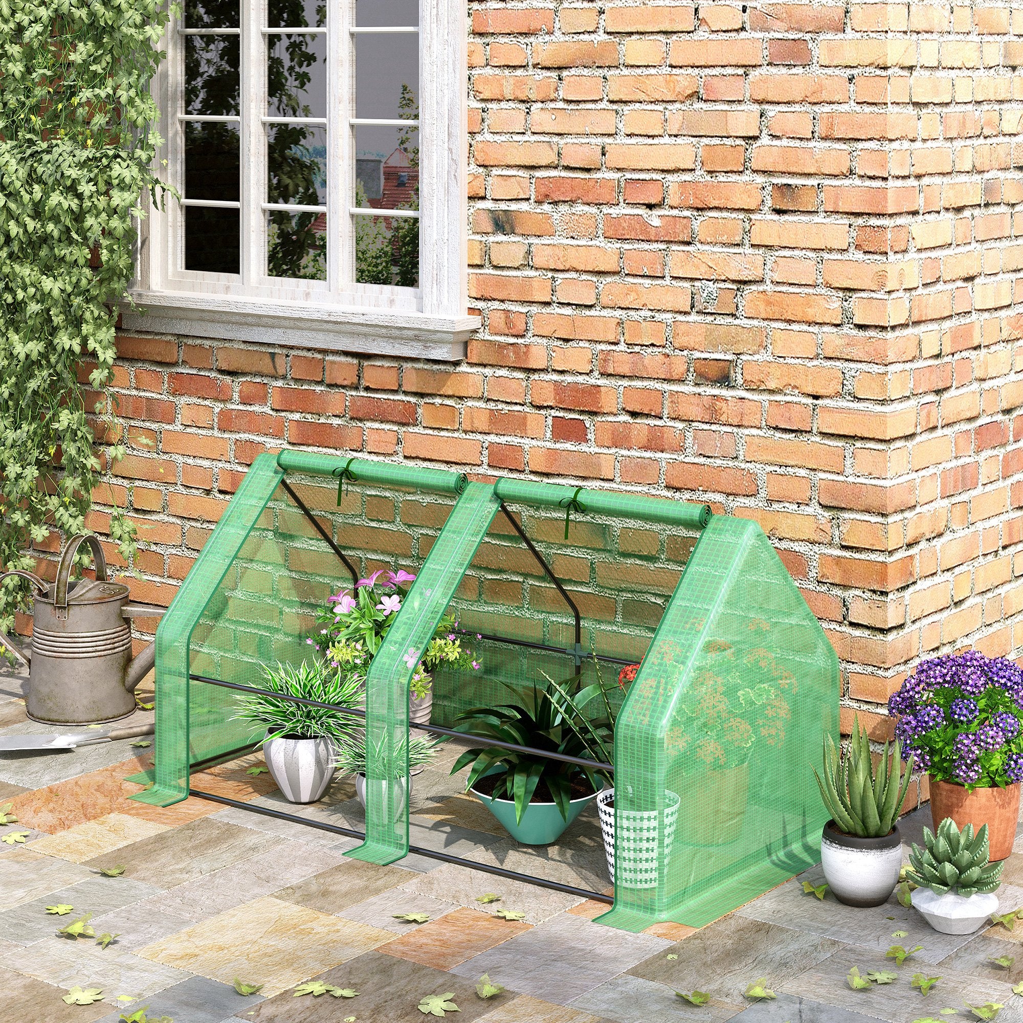 Outsunny Mini Small Greenhouse with Steel Frame & PE Cover & Zippered Window Poly tunnel Steeple for Plants Vegetables, 180 x 90 x 90 cm, Green - North Peak Garden Furniture