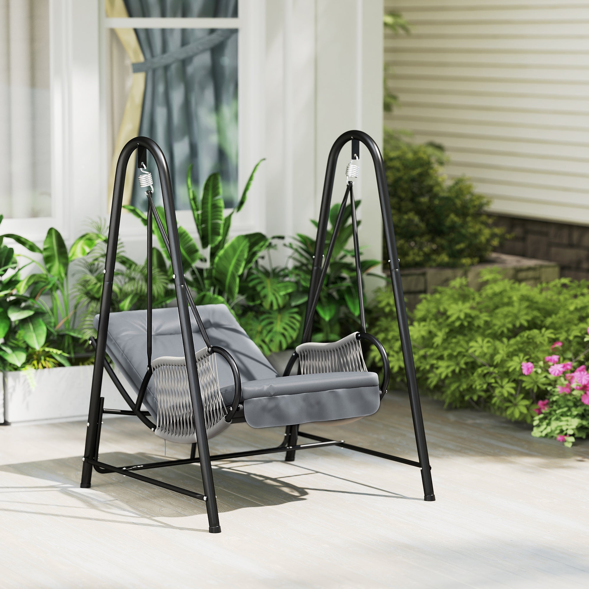 Outsunny Rattan Swing Chair, Outdoor Garden Hanging Swing Seat with Stand and Seat Cushion, Porch Hanging Chair for Balcony, Garden, Deck, Light Grey - North Peak Garden Furniture