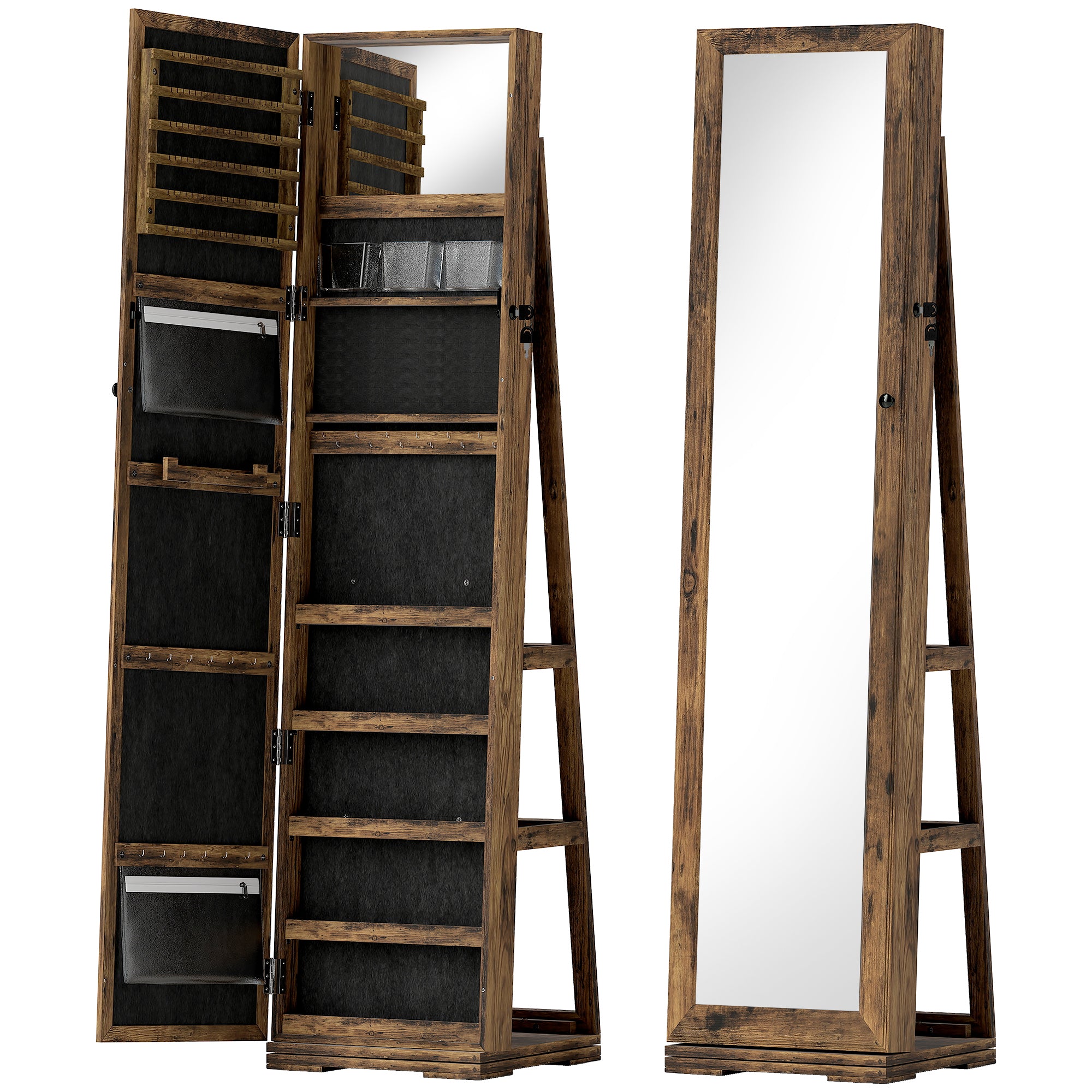 HOMCOM 360° Swivel Jewellery Cabinet, Mirror Armoire, Full Length Mirror, Lockable Jewellery Organiser with Built-In Small Mirror, Rustic Brown