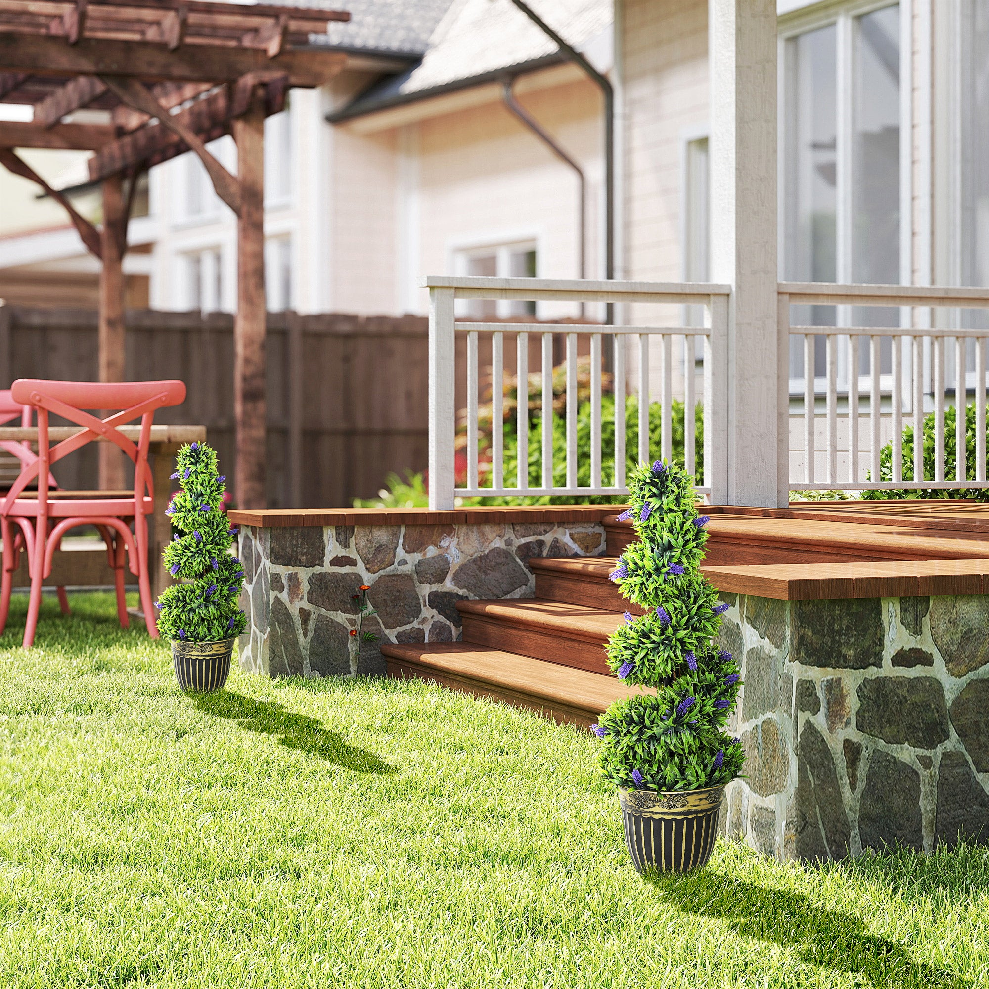 HOMCOM Set of 2 Decorative Artificial Plants, Boxwood Spiral Topiary Tree with Lavender and Pot, Fake Plants for Home Indoor Outdoor Decor, 90cm - North Peak Garden Furniture