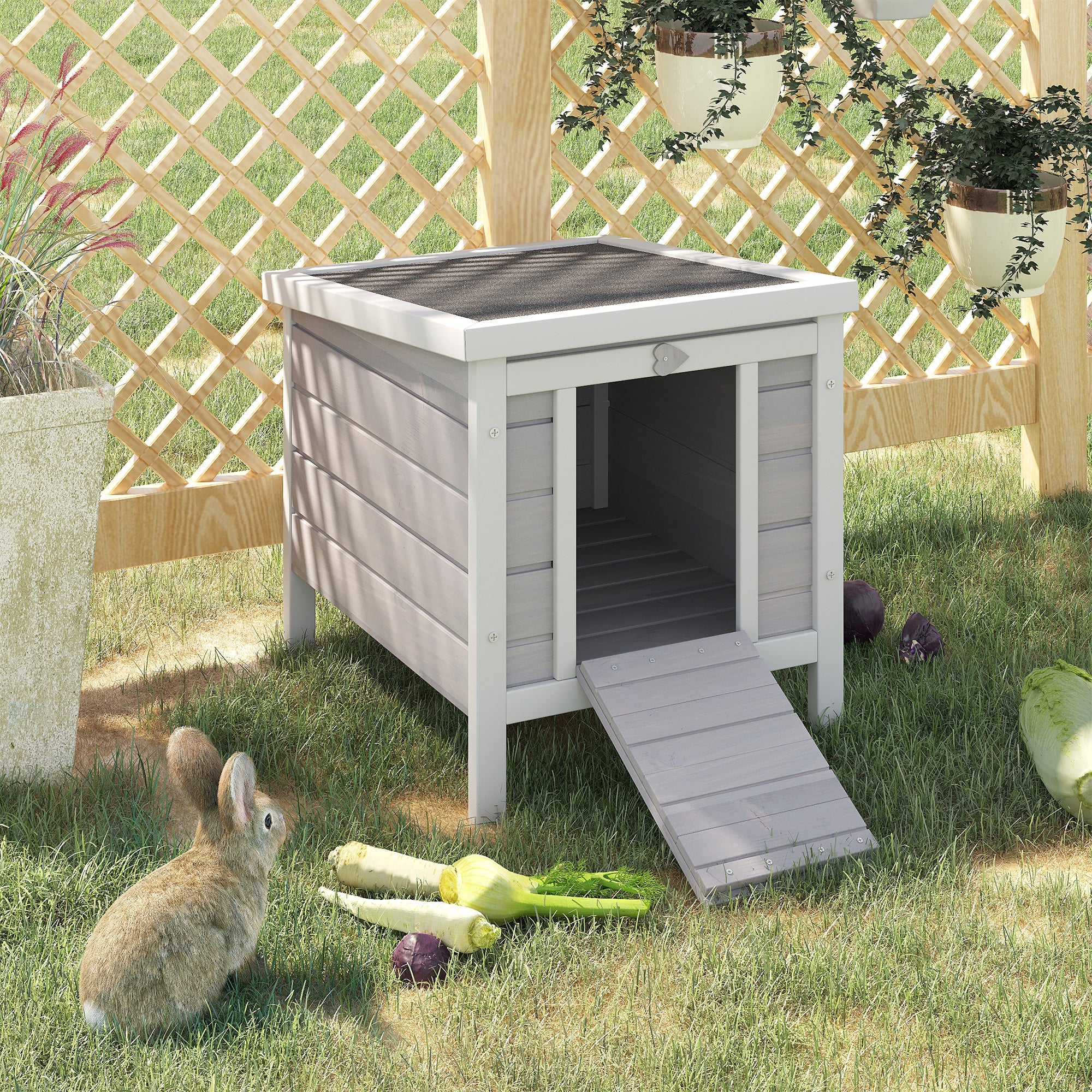 PawHut Wooden Rabbit Hutch Outdoor, Guinea Pig Hutch, Rabbit Hideaway, Cat House, Bunny Cage Small Animal House 51 x 42 x 43 cm, Grey - North Peak Garden Furniture