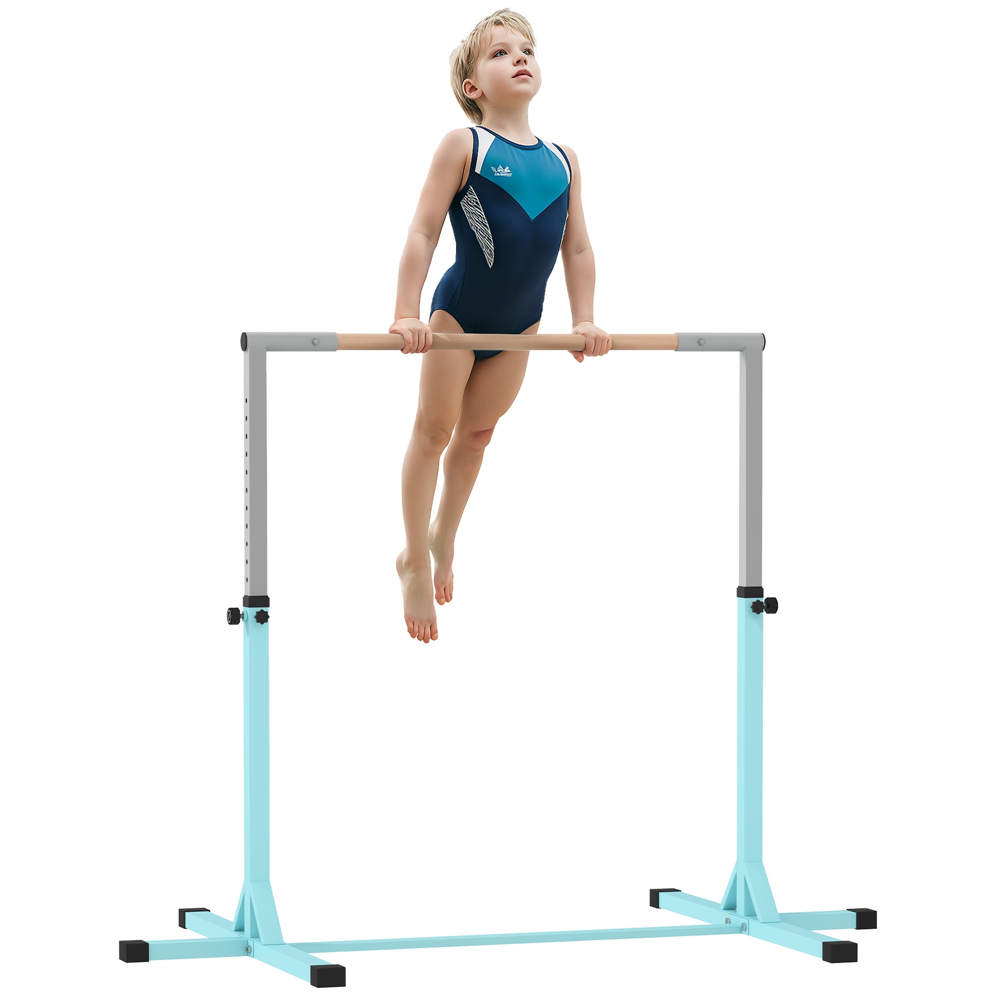 HOMCOM Height Adjustable Gymnastics Horizontal Bar for Kids, Children Junior Kip High Bar Fitness, Light Blue - North Peak Garden Furniture